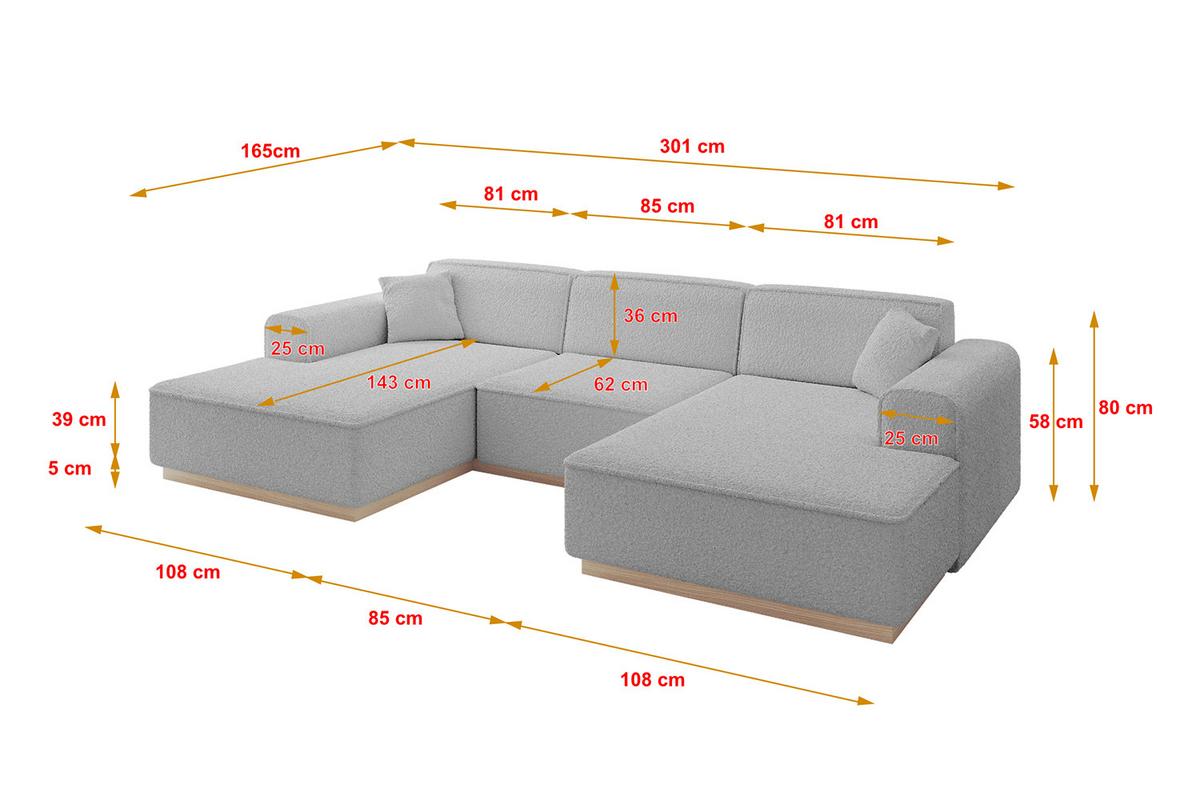 WOHNLANDSCHAFT IREA-U1 - 301x165x80 cm Hellgrau - Hellgrau, Holzwerkstoff/Textil (301/80/165cm) - ALTDECOR