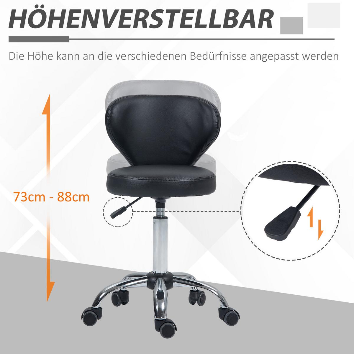 ROLLHOCKER höhenverstellbar Drehhocker drehbar Salon Hocker mit Lehne Schwarz - Schwarz, Kunststoff (45/88/54cm) - HOMCOM