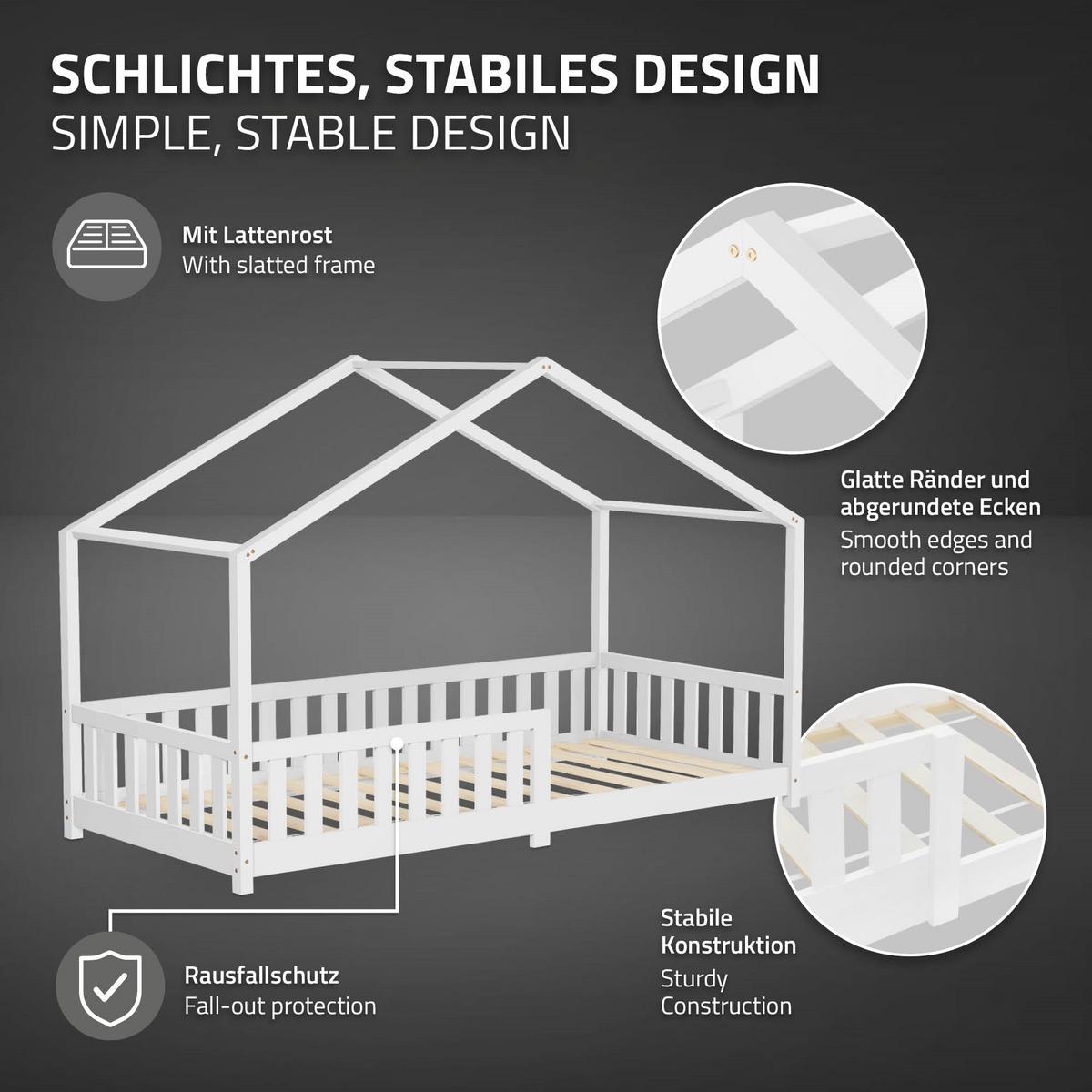 HAUSBETT 90x200 cm Weiß aus Kiefernholz mit Rausfallschutz - Weiß, Holz (90/200cm) - ML-DESIGN