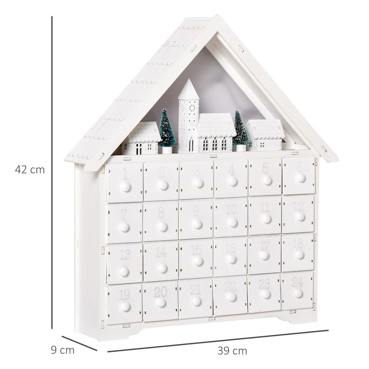 ADVENTSKALENDER Weihnachtskalender 24 Schubladen mit LED 2-in-1-Design - Weiß, Holz (9/42/39cm) - HOMCOM