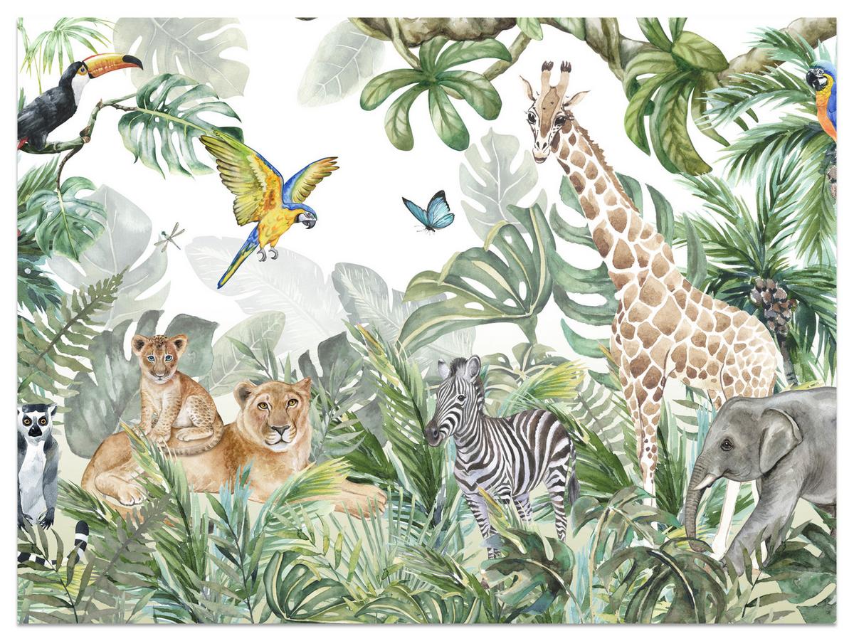 FOTOTAPETE für Kinderzimmer Tropen Dschungel Tiere Palmen Monstera 400x280 - Beige/Orange, Papier (400/280cm) - Muralo