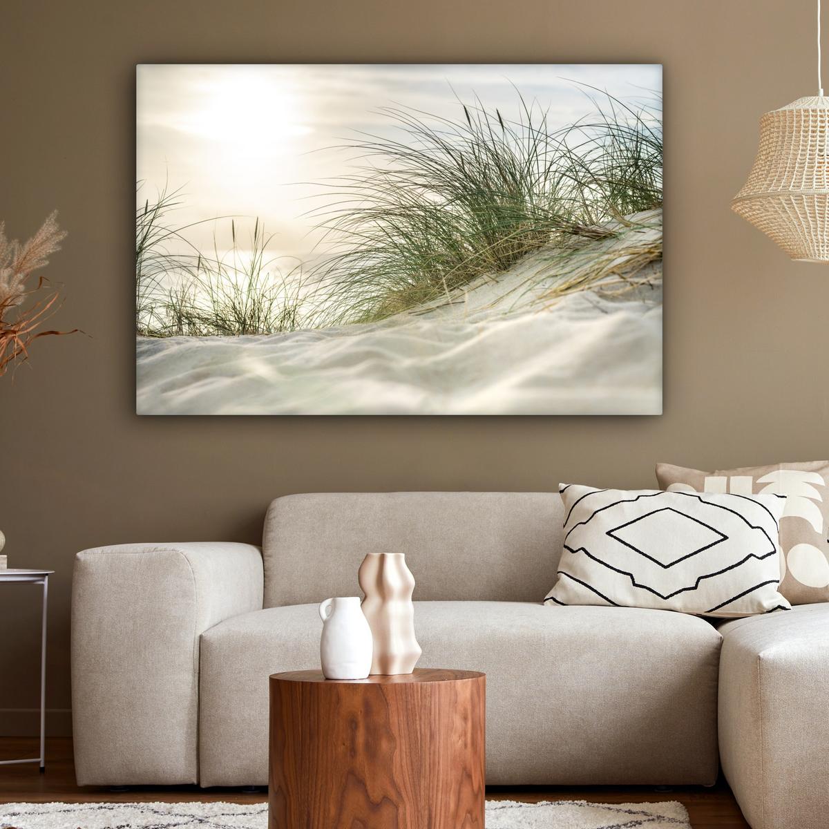 LEINWANDBILD Dünen mit Strandhafer in der Sonne des Nationalparks Schleswig-Holsteinisches Wattenmeer Wohnzimmer Groß 120x80 cm - Creme, Textil (120/80cm) - MuchoWow