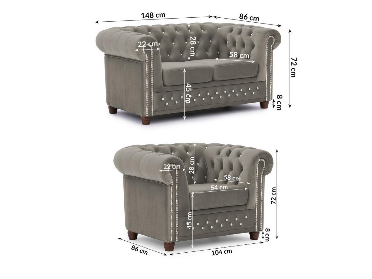 SITZGARNITUR 2+1 Chesterfield Cleo Blink Grau Samt mit Kristallsteppung und braunen Massivholzfüßen - Beige/Braun, Holz/Textil (148/72/86cm) - S-Style Möbel