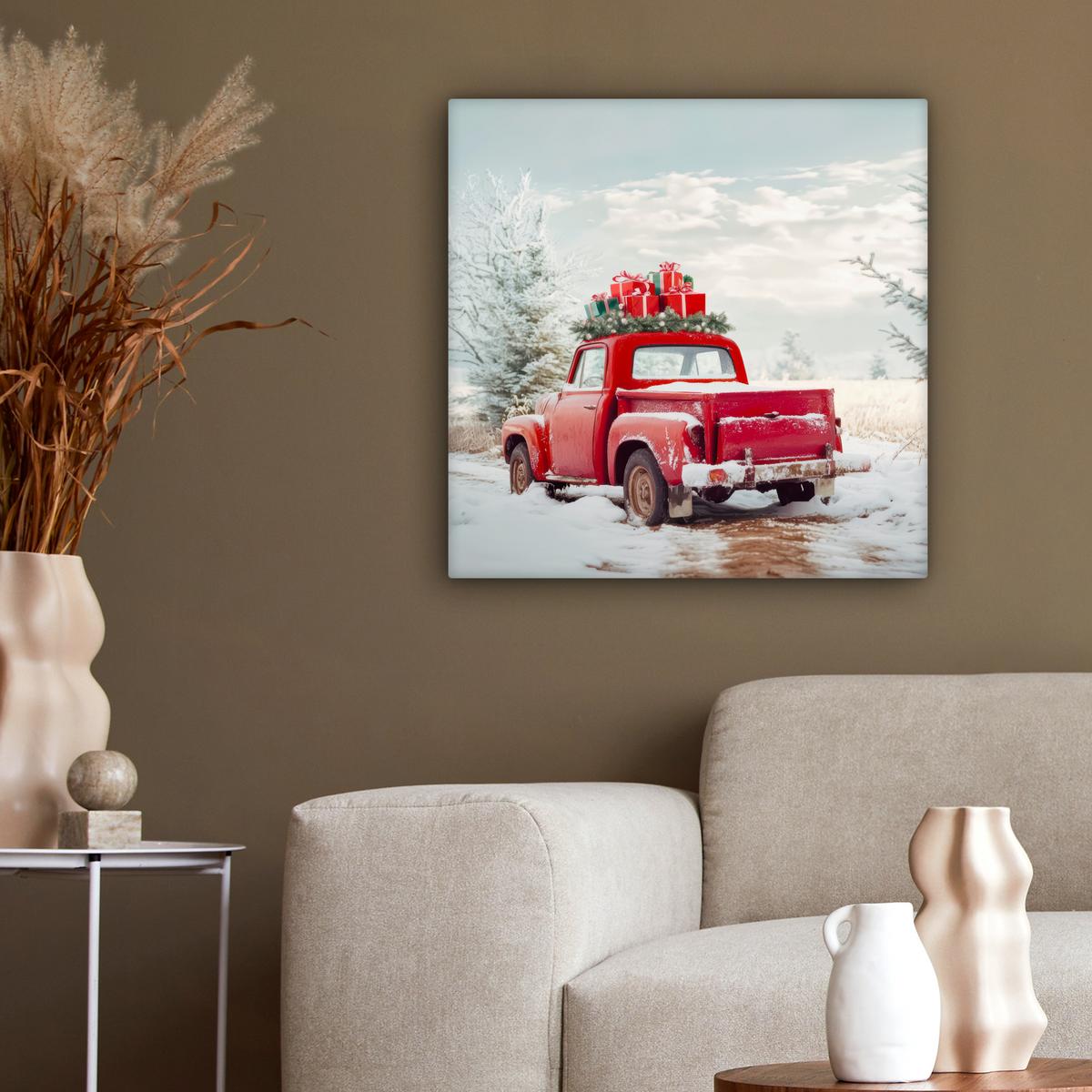 LEINWANDBILD Auto - Rot - Geschenke - Winter - Schnee - Weihnachten Wandbild Wohnzimmer 50x50 cm - Rot, Textil (50/50cm) - MuchoWow