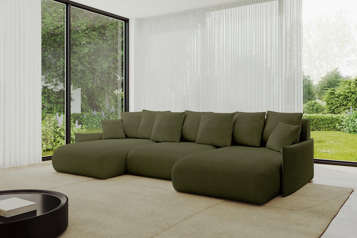 WOHNLANDSCHAFT mit Schlaffunktion und Bettkasten ONESK-U-v1 317x177x72 Grün Bouclé - Olivgrün, Holzwerkstoff/Kunststoff (317/72/177cm) - ALTDECOR