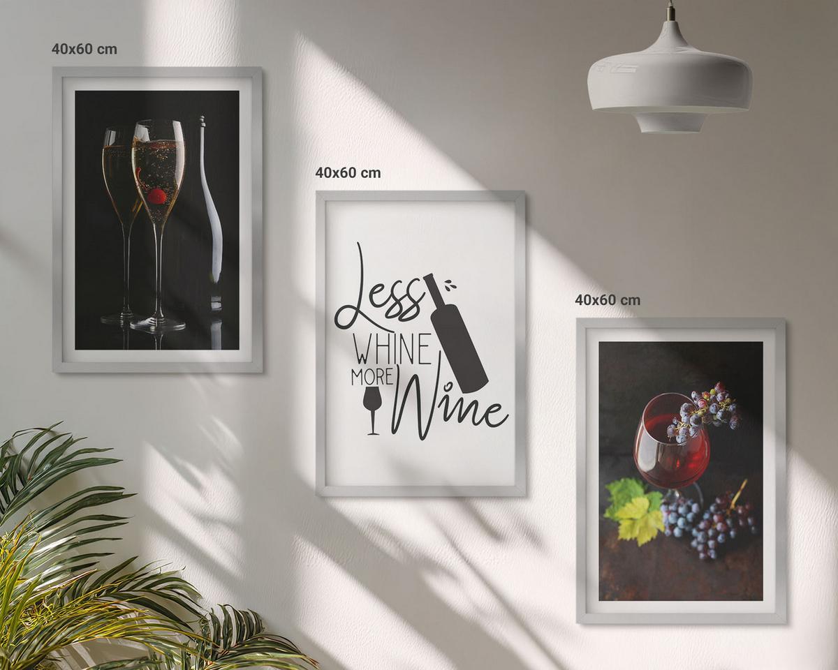 BILDER SET 3er Set - 40x60 cm Silberner Rahmen - Weingläser mit Trauben und Inschrift - Silberfarben, Kunststoff (40/60cm) - TULUP