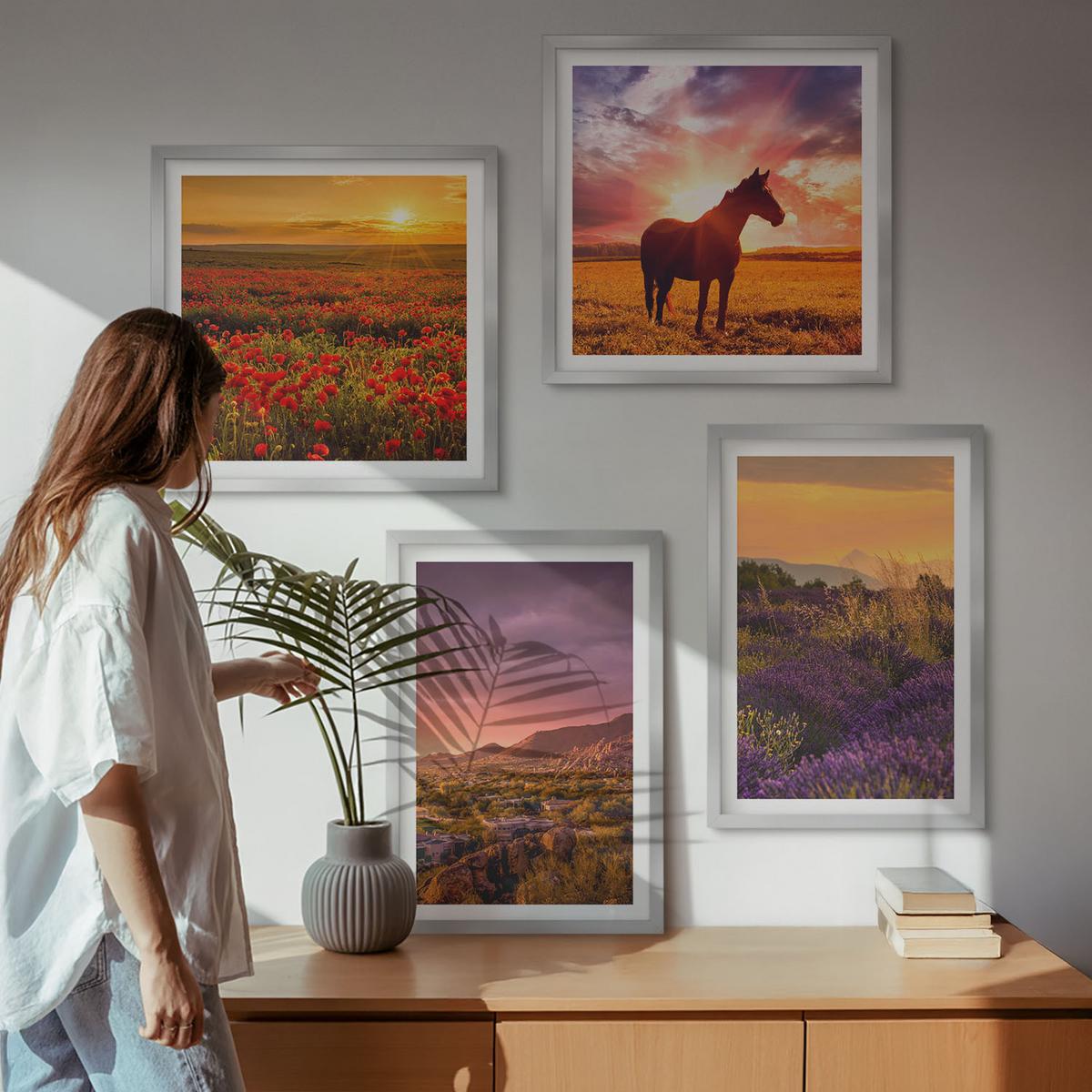 BILDER SET 4er Set - 50x50 cm & 40x60 cm Silberner Rahmen - Berglandschaft Rosslavendel - Silberfarben, Kunststoff (50/50cm) - TULUP