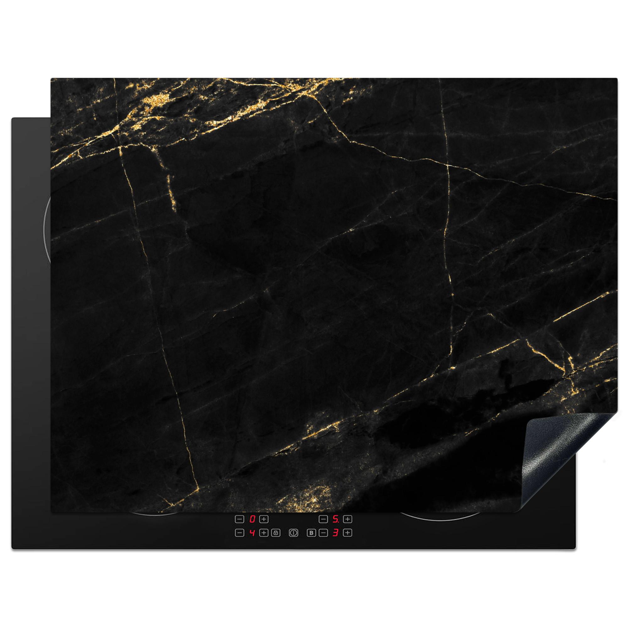 HERDABDECKPLATTE Marmor - Schwarz - Gold - Chic - Marmoroptik - Design Induktionsmatte 77x59 cm - Schwarz, Kunststoff (77/59/0.2cm) - MuchoWow