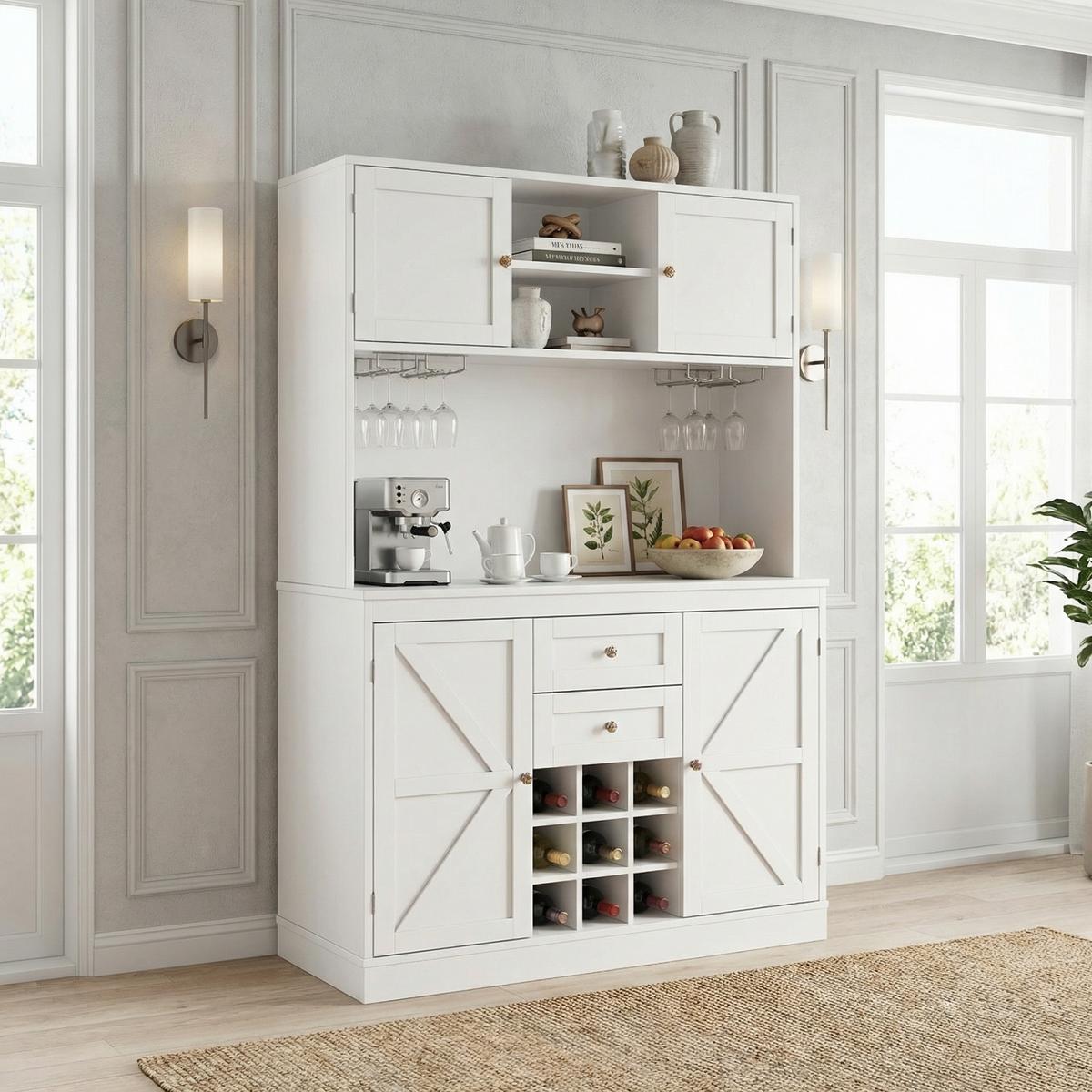 HIGHBOARD in Weiß mit Weinregal, Glashalter & Mikrowellenfach - Weiß, Holzwerkstoff (106/179/40cm) - Urban Meuble