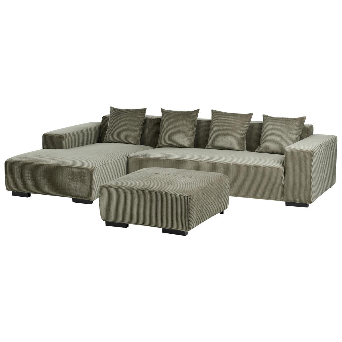 ECKSOFA 4-Sitzer Cord Grün mit Ottomane rechtsseitig Lungo - Schwarz/Grün, Textil (285/160cm) - Beliani