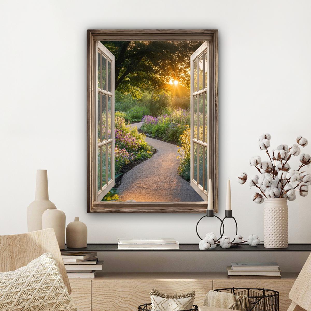 LEINWANDBILD Aussicht - Blumen - Natur - Sonne - Weg Wandbild Wohnzimmer 60x80 cm - Hellgelb, Textil (60/80cm) - MuchoWow