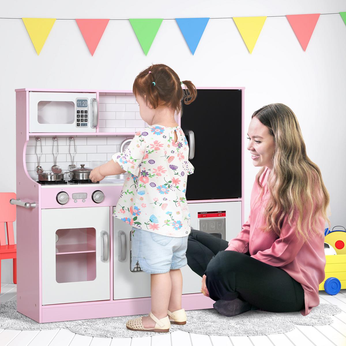 KINDERKÜCHE Spielküche mit Spielzeug Telefon, Kreidetafel, Mikrowelle, Herd Rosa - Hellrosa, Holzwerkstoff (83.8/26.8/81cm) - AIYAPLAY