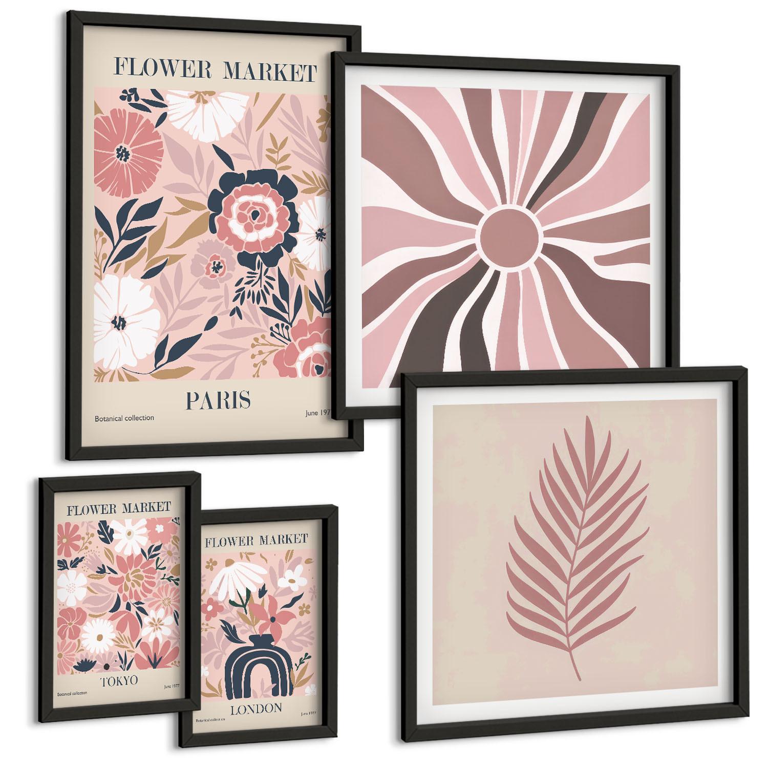 BILDER SET 5er Set - 50x50 cm & 20x30 cm & 40x60 cm Schwarzer Rahmen - Blumenmuster, Blätter, Geometrie - Schwarz, Kunststoff (40/60cm) - TULUP