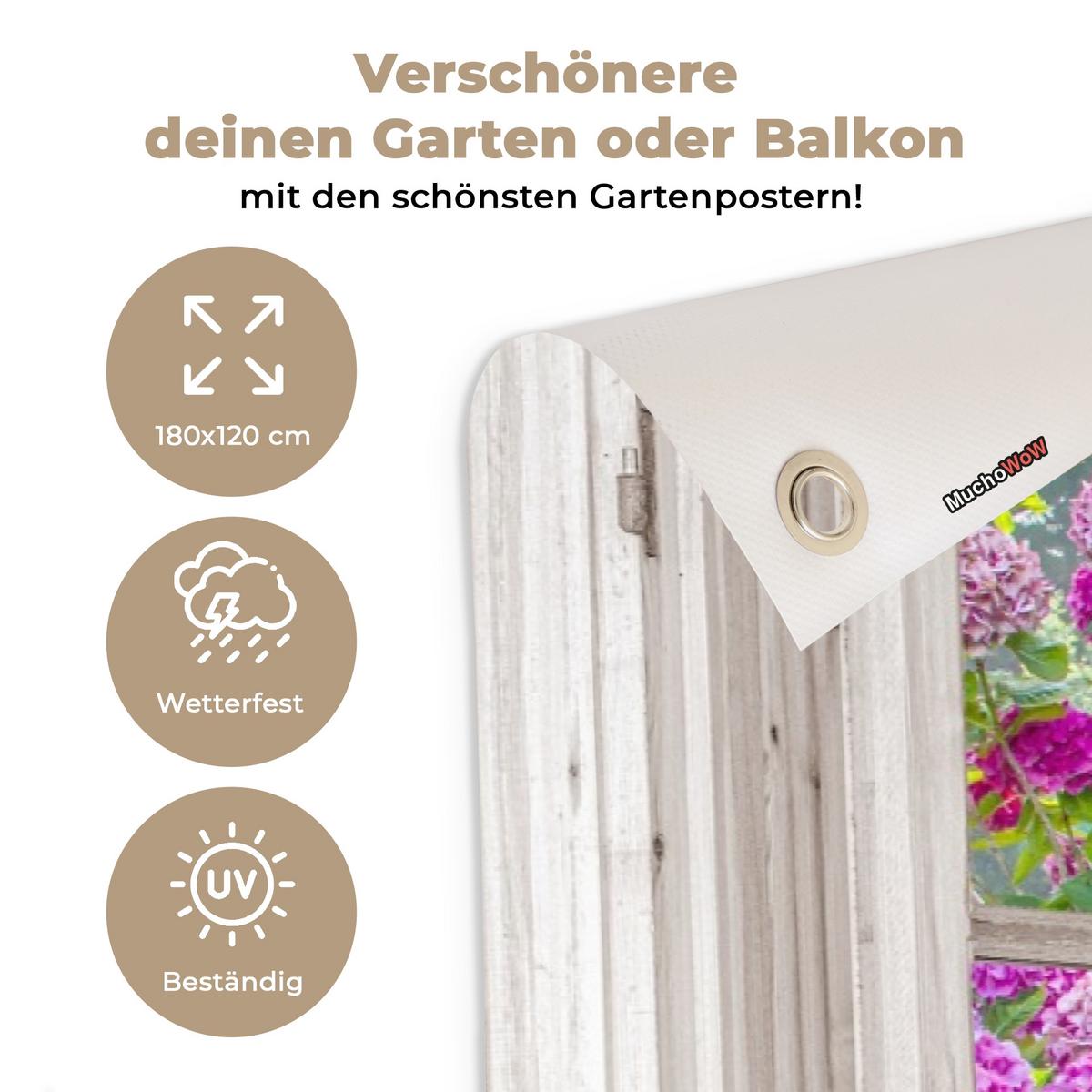 GARTENPOSTER Hortensie - Durchsichtig - Blumen - Sommer - Lila - Weg Poster für draußen 180x120 cm - Grün, Kunststoff (180/120/0.2cm) - OnlyWow