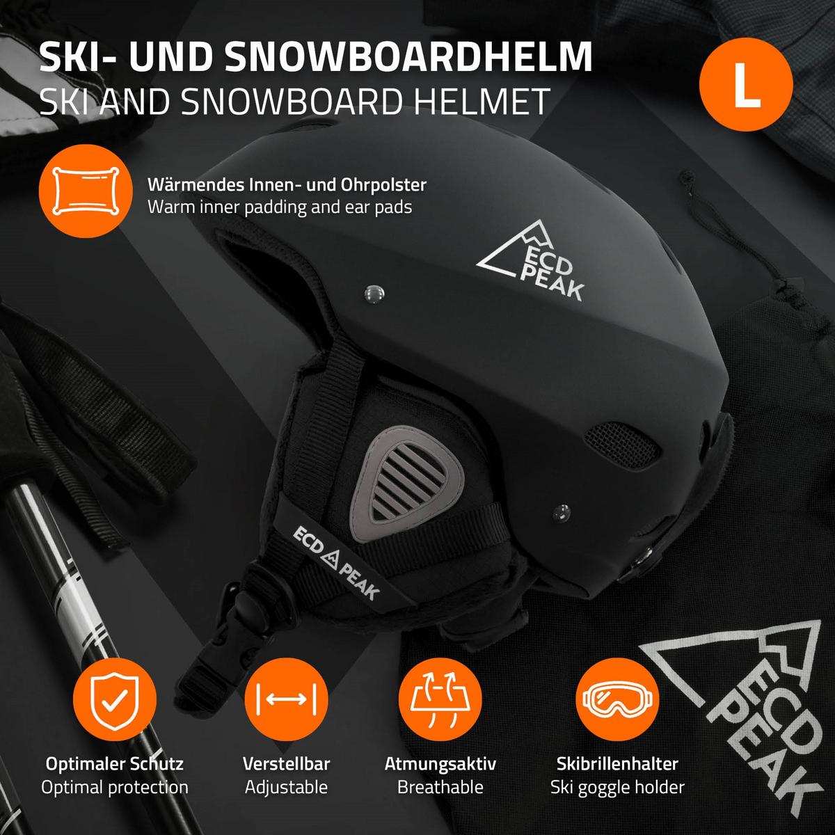 SKIHELM für Herren und Damen Snowboardhelm robust Schwarz L 58-61 cm - Schwarz, Kunststoff (30/24cm) - ECD-Germany