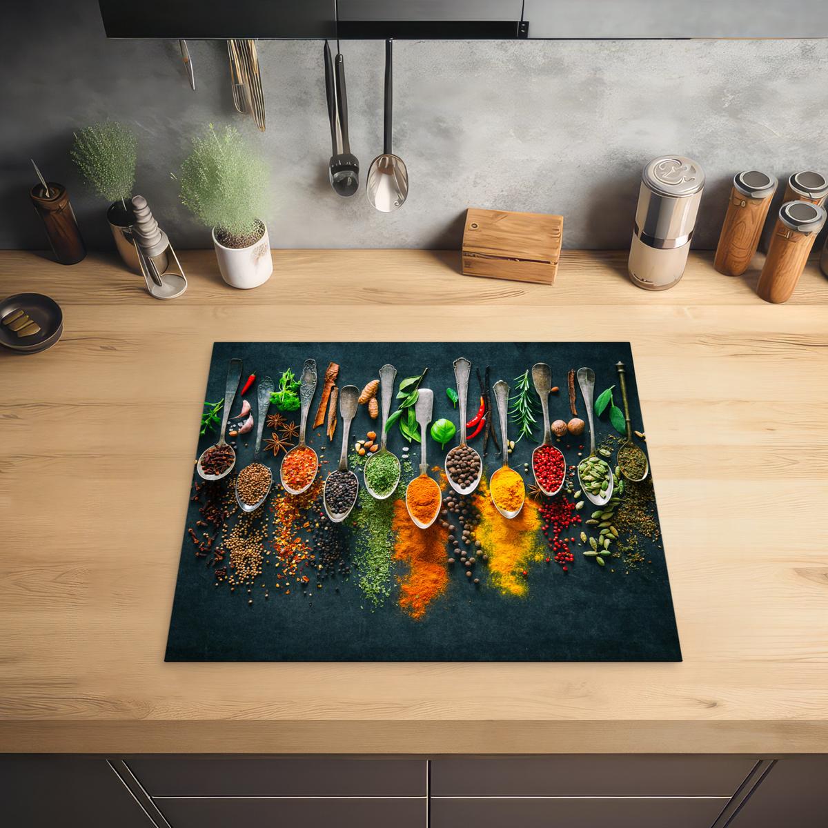 HERDABDECKPLATTE Kräuter - Gewürze - Löffel Ceranfeldabdeckung 59x52 cm - Multicolor, Kunststoff (59/52/0.2cm) - MuchoWow