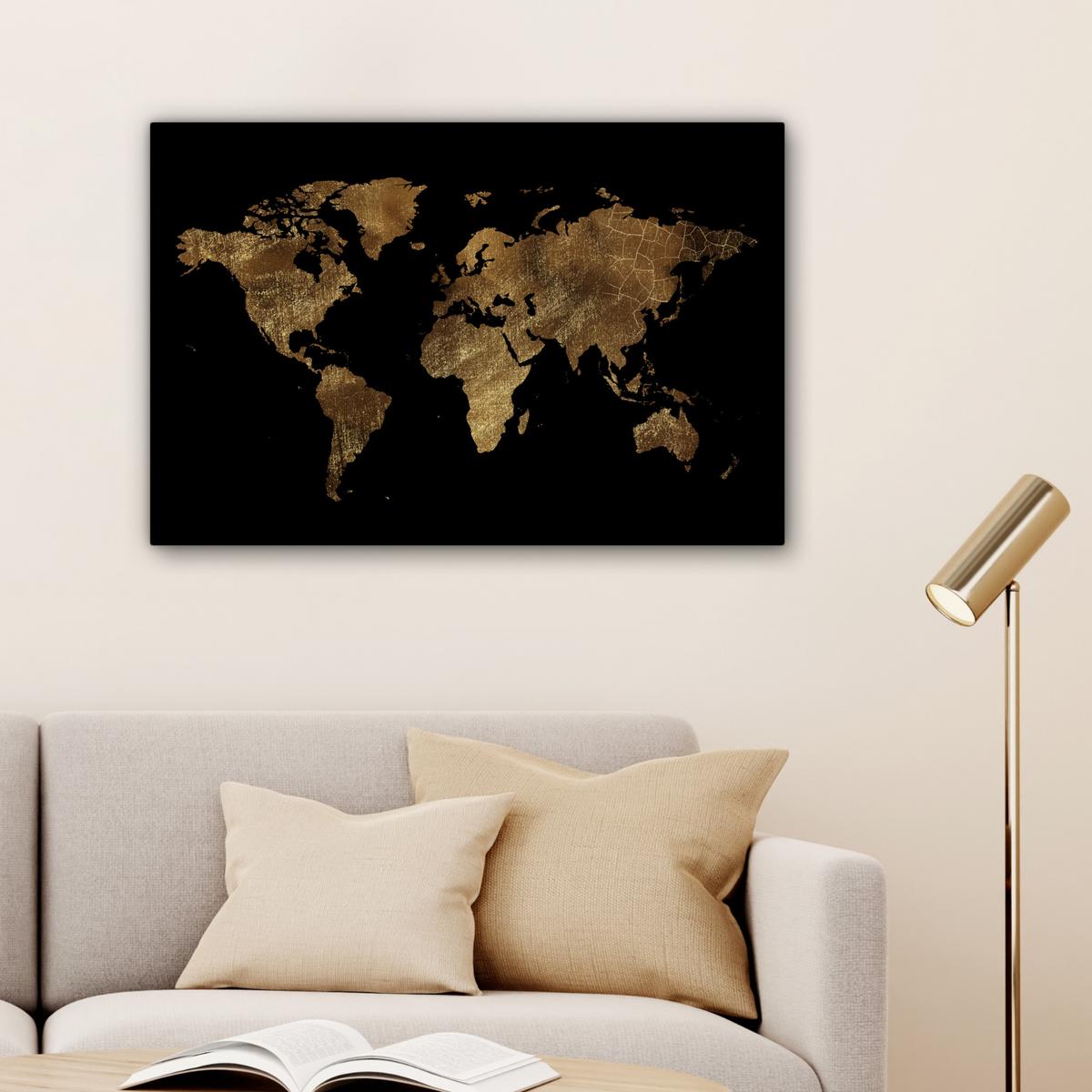 LEINWANDBILD Weltkarte - Gold - Luxus - Erde - Schwarz Gemälde 60x40 cm - Goldfarben, Textil (60/40cm) - MuchoWow