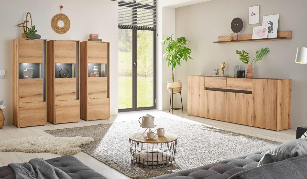 VITRINE Eiche Evoke 50 x 155 cm, Vitrinenschrank 2-türig mit 4 Fächern - Eichefarben/Schwarz, Glas/Holzwerkstoff (50/155/40cm) - Furn.Design