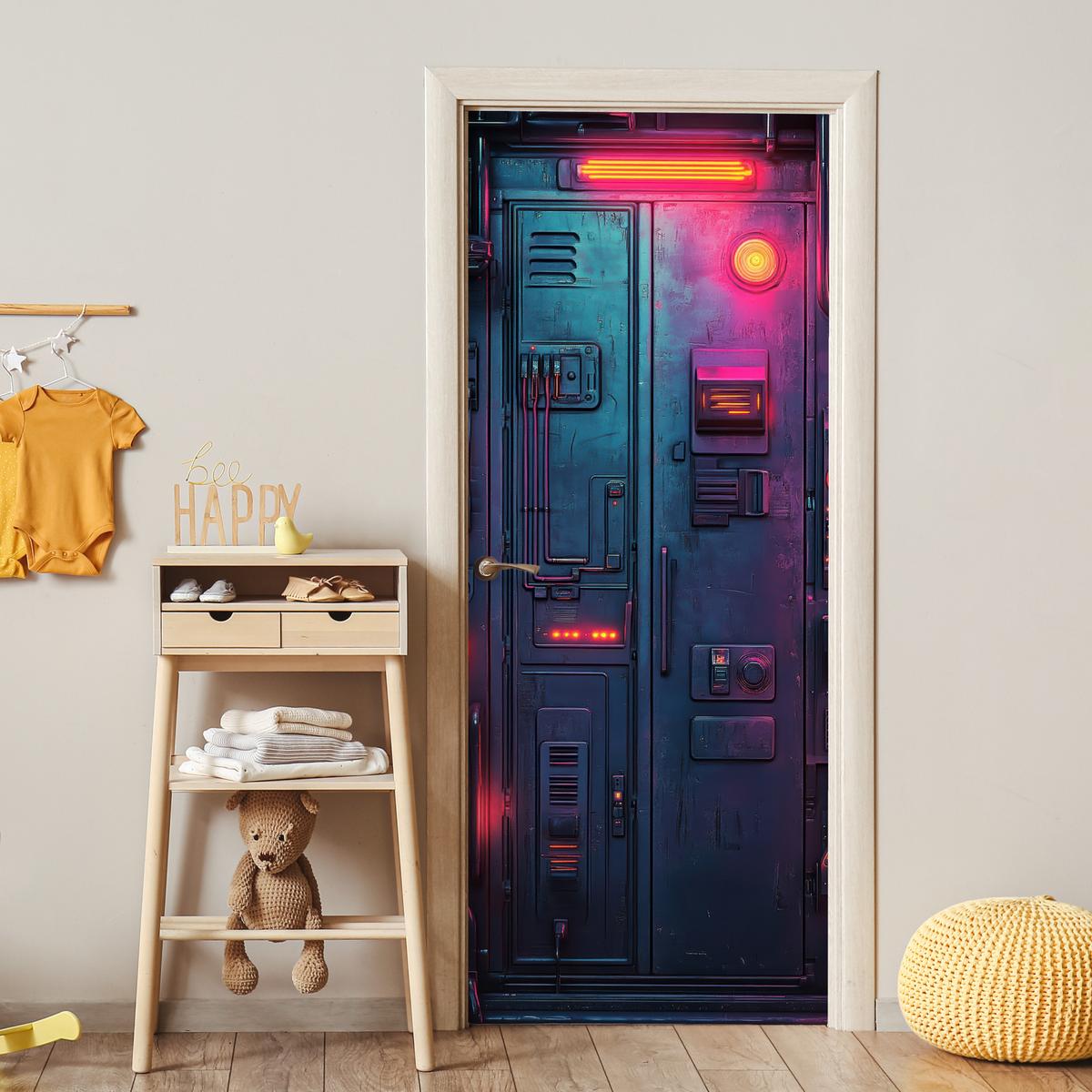 TÜRAUFKLEBER Tür - Futuristisch - Blau - Rosa - Neon 90x215 cm - Türtapete - Anthrazit, Kunststoff (90/0.1cm) - MuchoWow