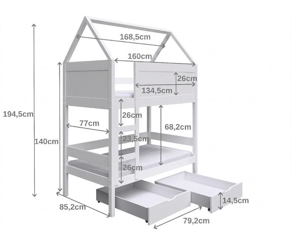 ETAGENBETT TAMI mit Bettkasten 80x160 cm Weiß - Weiß/Grau, Holz (80/160cm) - MASSENO