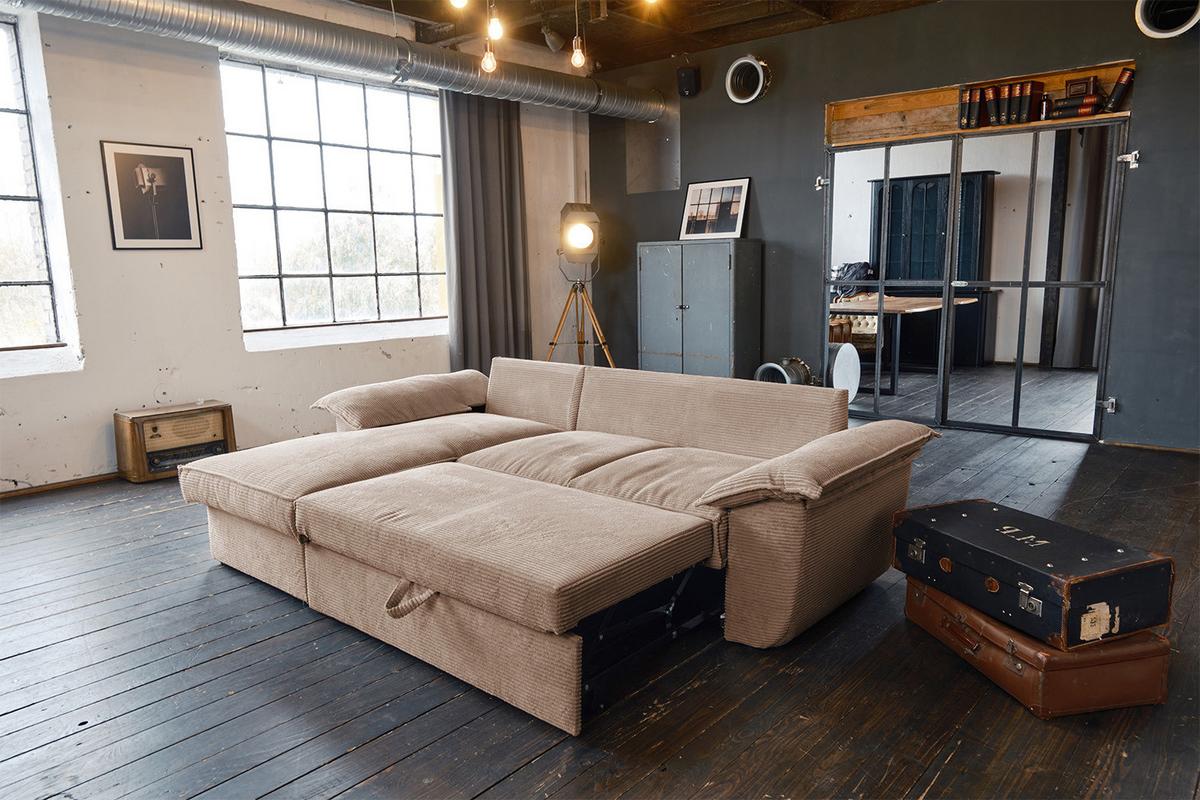 ECKSOFA DAMETO Braun Cord Mit Schlaffunktion - Schwarz/Braun, Kunststoff/Textil (266/174cm) - KAWOLA