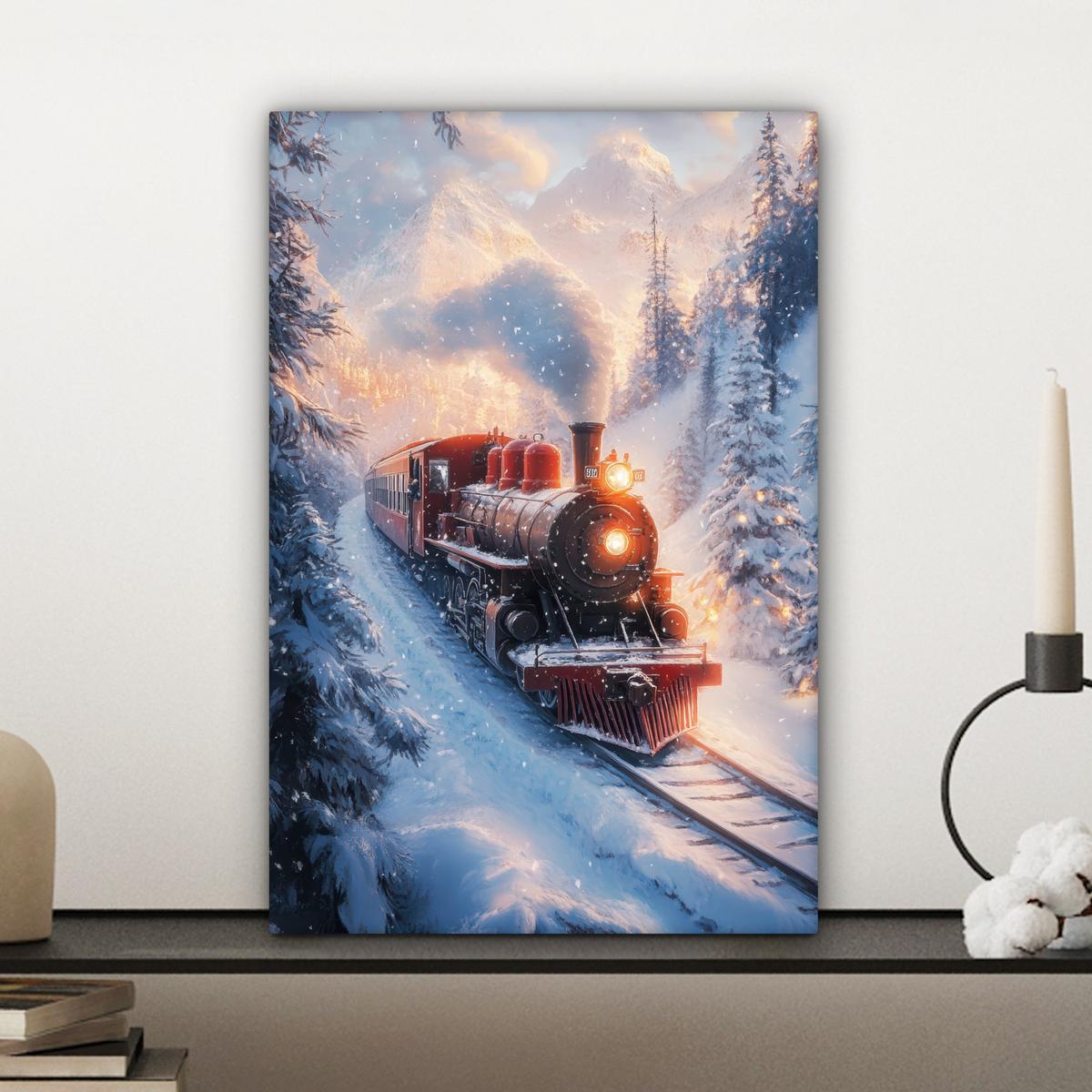 LEINWANDBILD Weihnachtszug - Schnee - Winter - Weihnachten Deko Wohnzimmer 20x30 cm - Dunkelrot, Textil (20/30cm) - MuchoWow