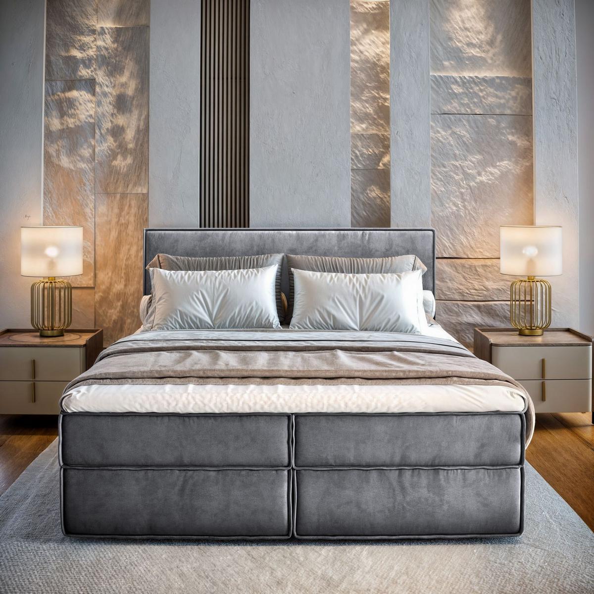 BOXBETT PELLIO 160x200 cm mit Matratze und Topper - Grau - Grau, Holz (160/200cm) - MASSENO