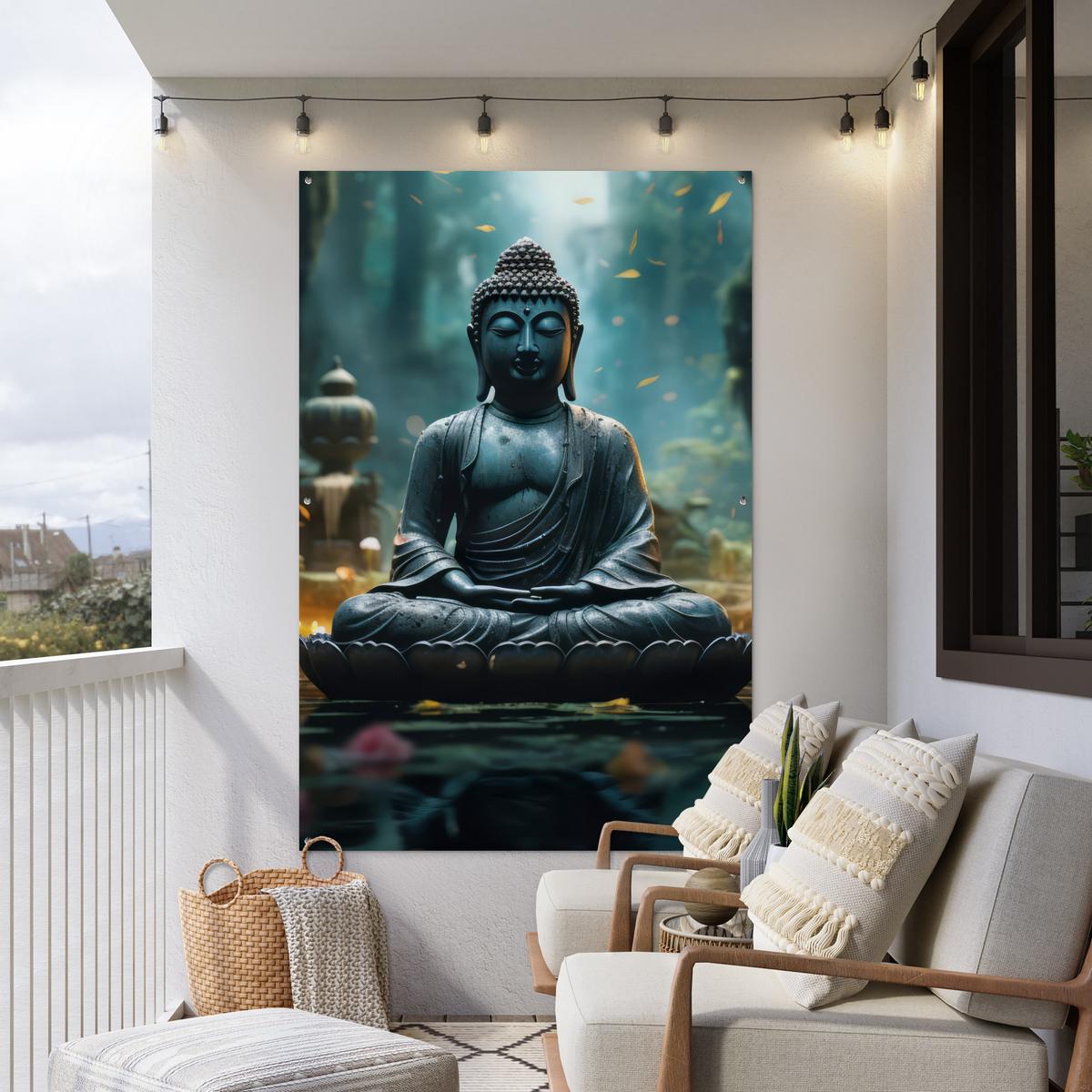 GARTENPOSTER Buddha - Statue - Buddha - Zen - Kunst - Buddha Bild 120x180 cm - Dunkelgrau, Kunststoff (120/180/0.2cm) - OnlyWow