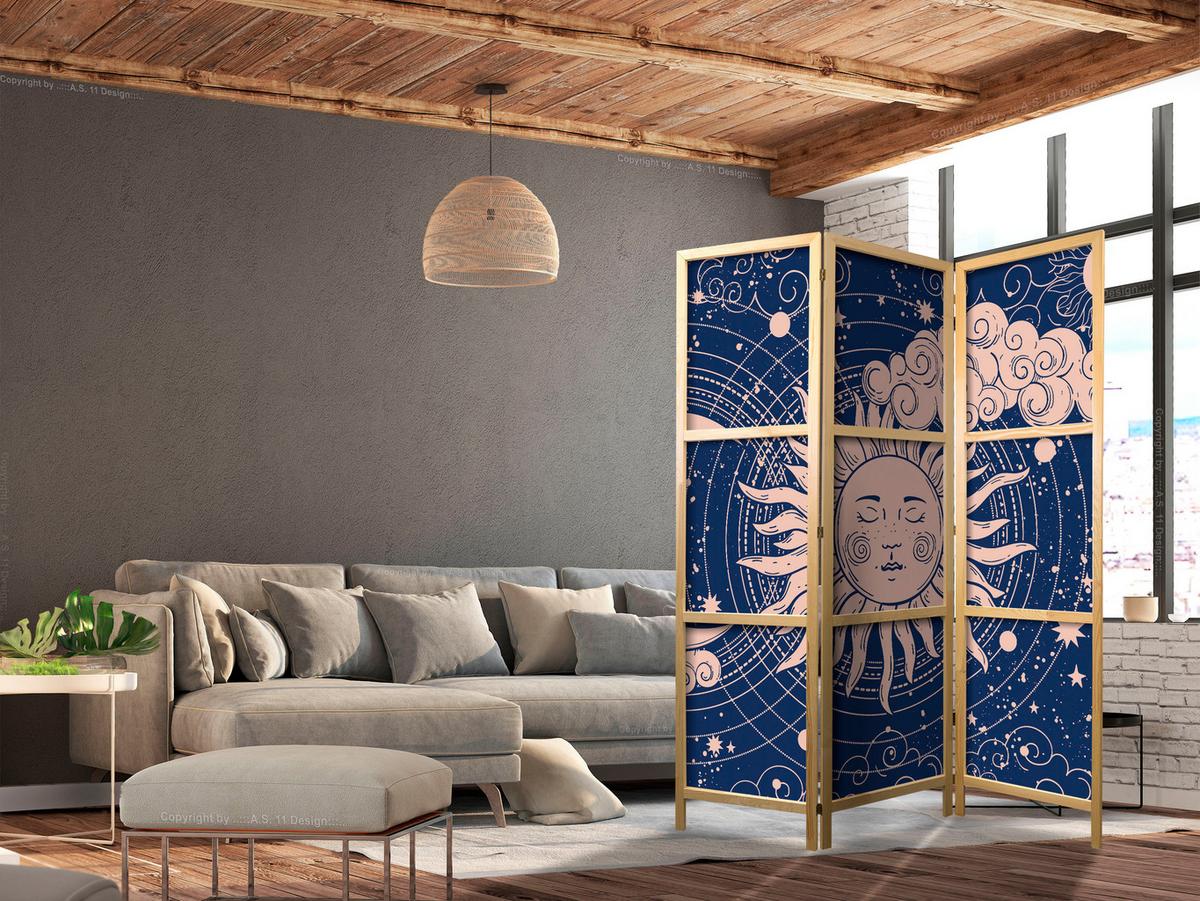 PARAVENT Japanischer 3-tlg 135x172 cm Sonne Und Wolken - Blau, Holz/Textil (135/172/3cm) - Muralo