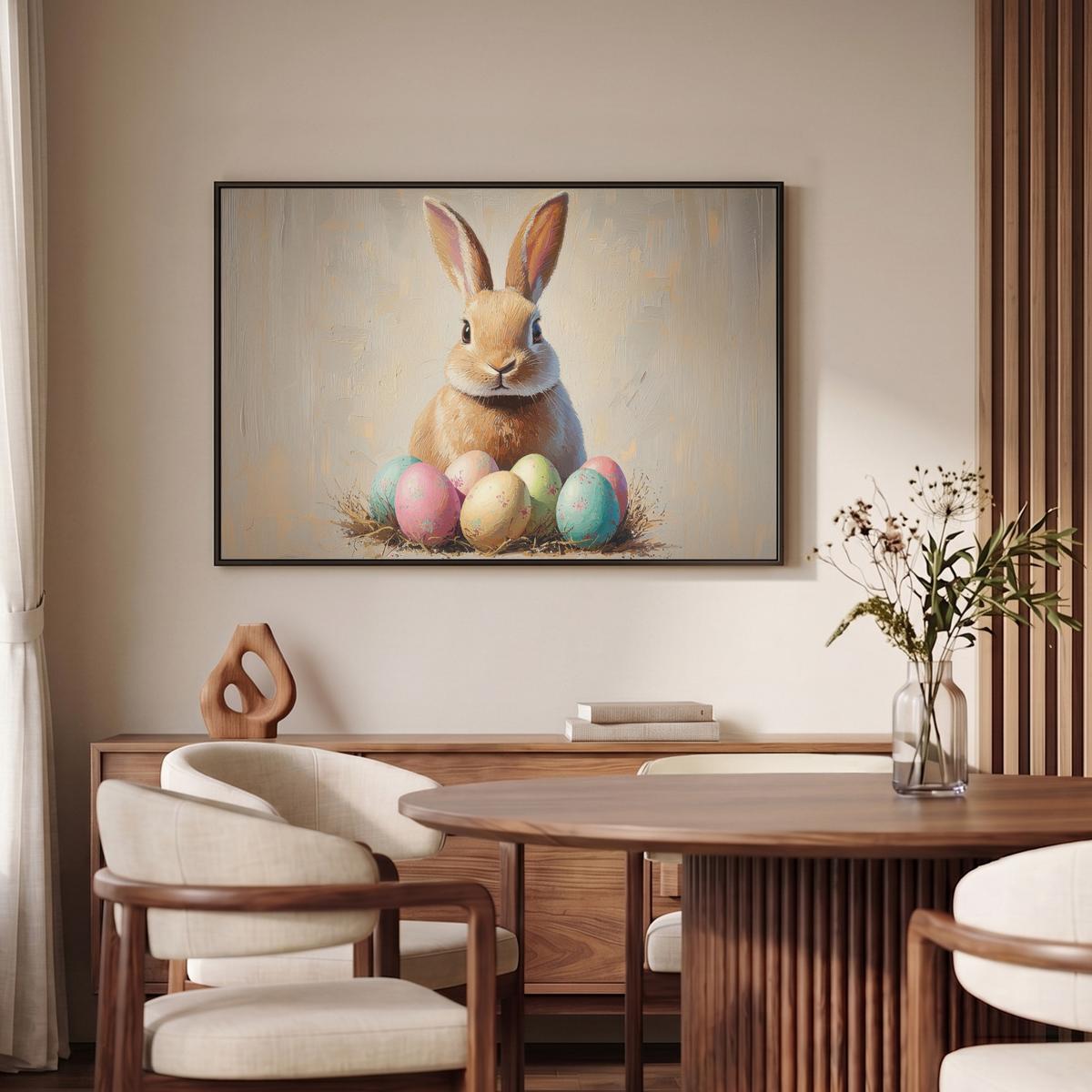 LEINWAND Bilder mit Rahmen - Osterhase - Pastell - Eier - 90x60 - Beige, Textil (90/60cm) - MuchoWow