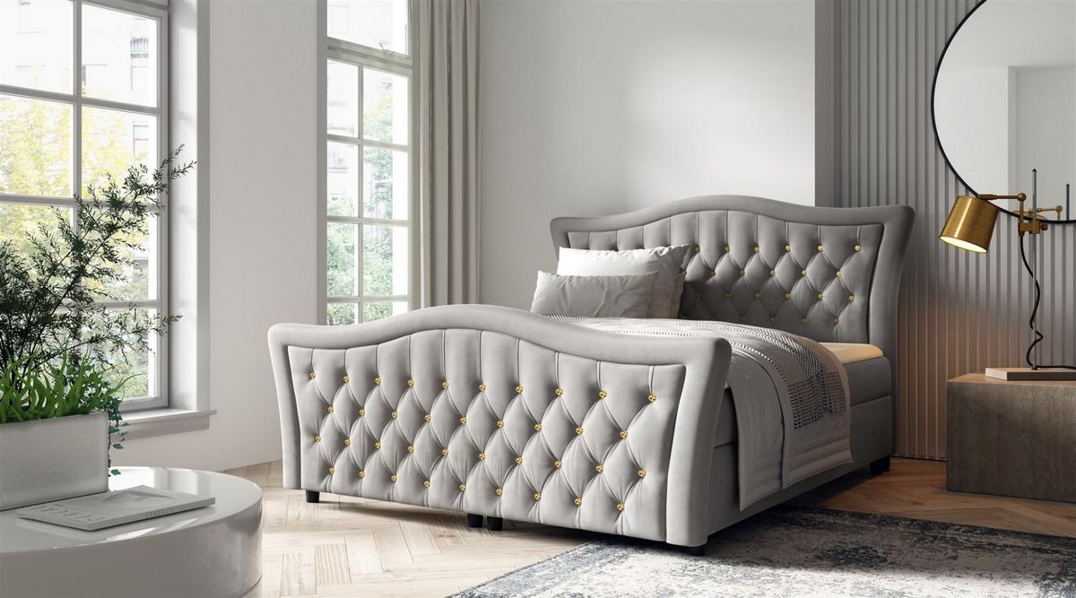 BOXBETT Turhan In Elisa Velvet - Hellgrau, Holzwerkstoff/Textil (140/200cm) - Fun Möbel