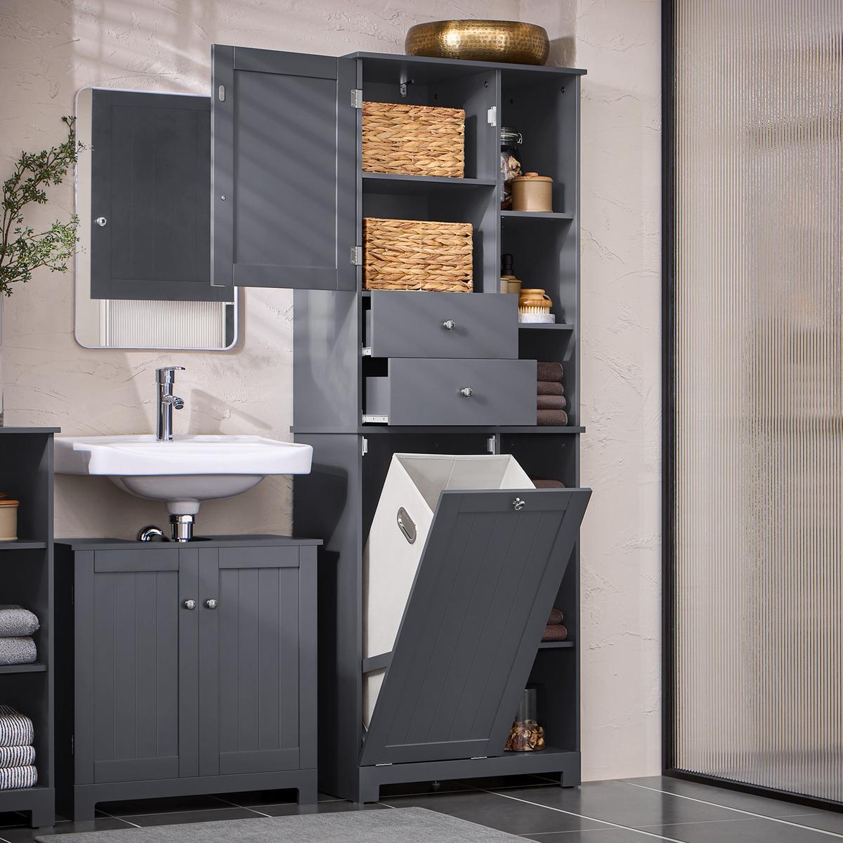 HOCHSCHRANK mit Wäschesack Grau - Grau, Holzwerkstoff (60/170/37cm) - SoBuy