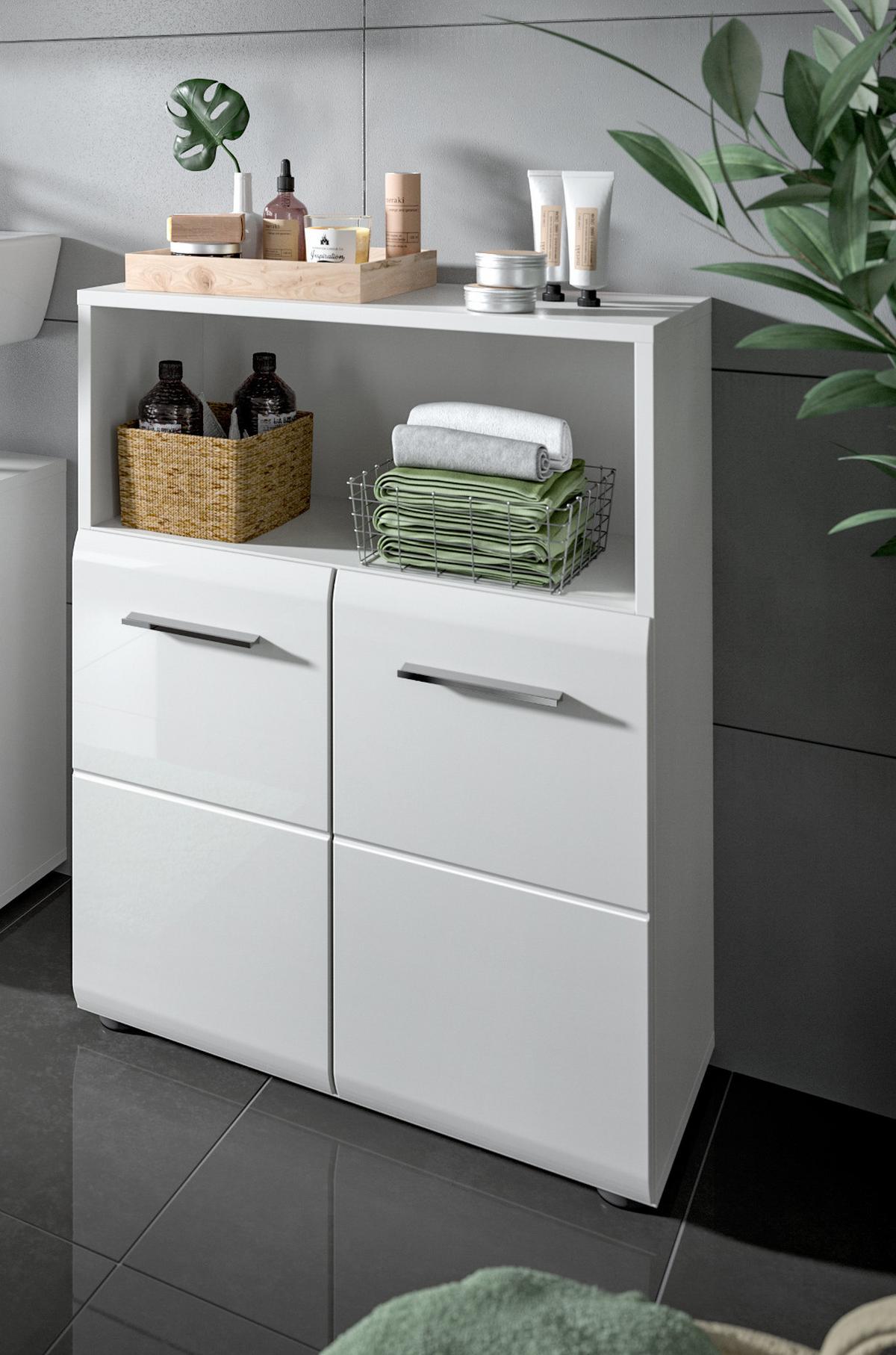 BADKOMMODE weiß Hochglanz, Badschrank 2-türig 60 x 80 cm - Weiß Hochglanz/Silberfarben, Holzwerkstoff/Kunststoff (60/80/30cm) - Inn.Furn