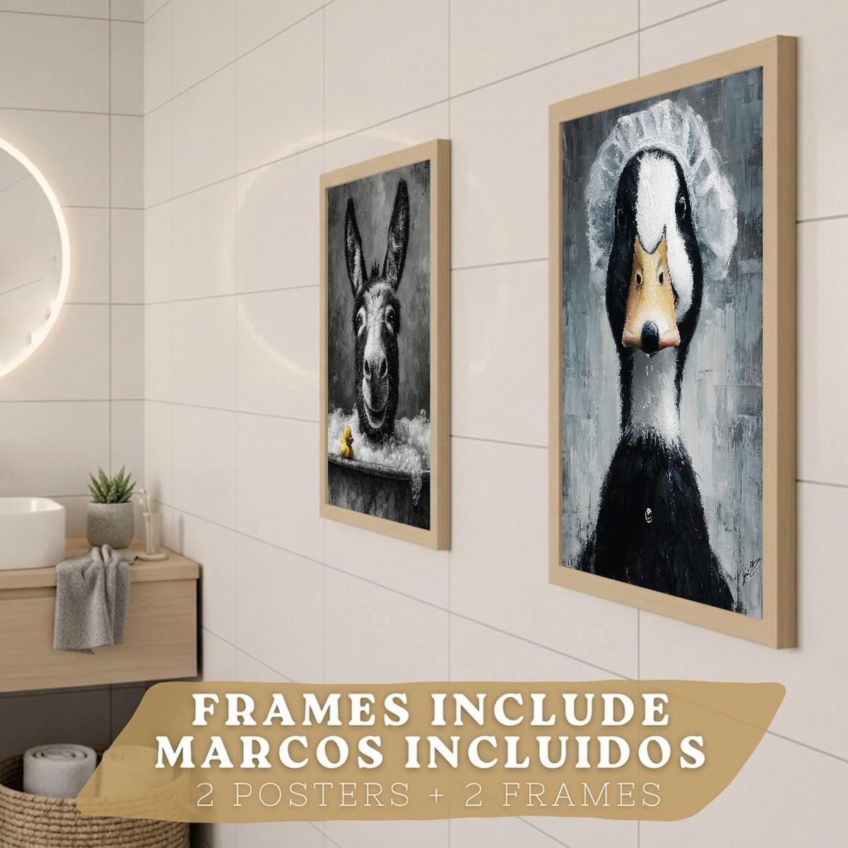 POSTER 2er-Set dekorative Badezimmer-Kunstdrucke, lustige für Wand, Toilette und mit Tieren in der Badewanner, Stil Leichter Holzrahmen A3 - Beige, Papier (42/29.7/3cm) - Nacnic