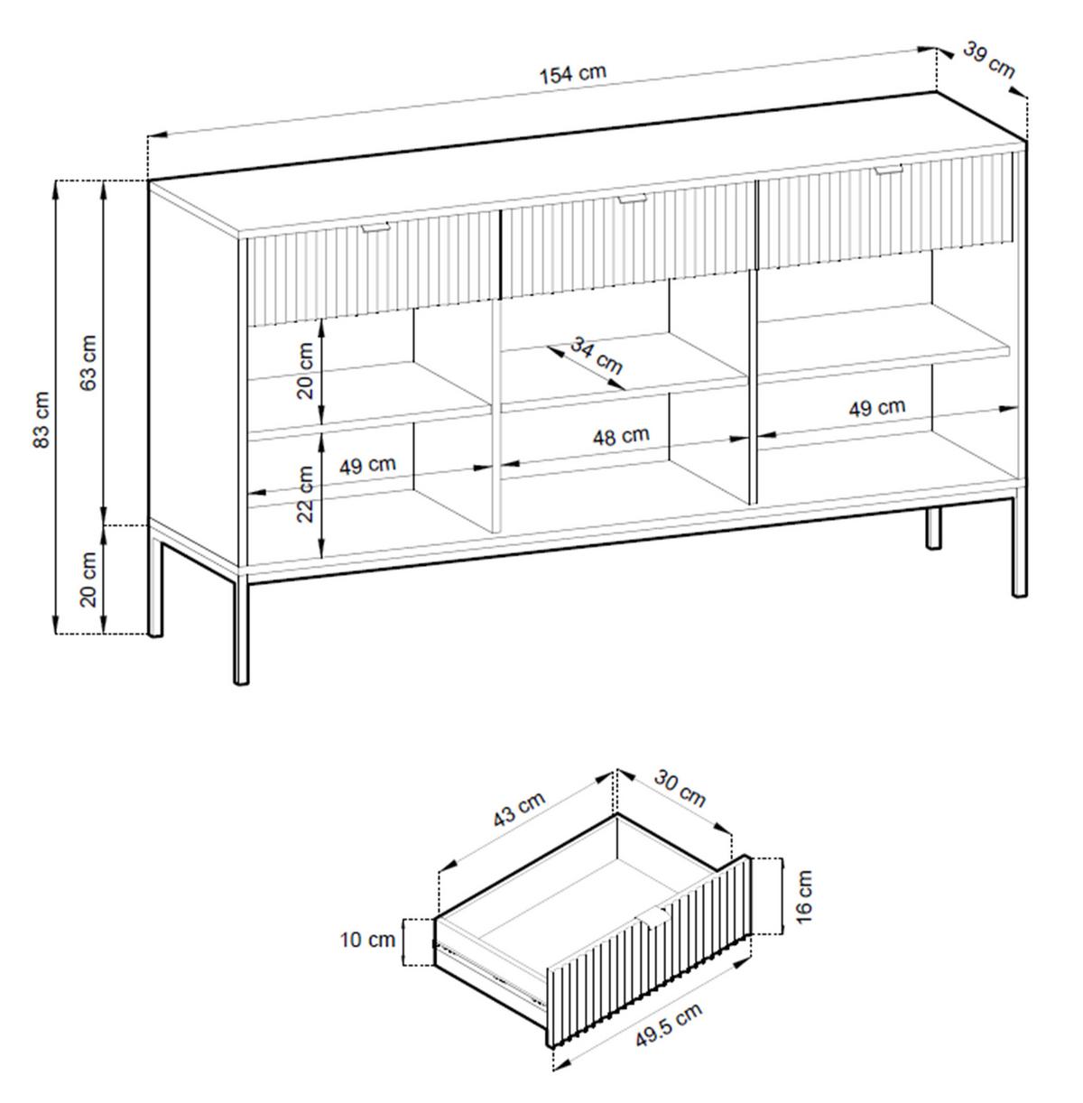 SIDEBOARD Eternas 3T 3S Grün 154/83/39 cm – schwarze Füße, mit geriffelten Fronten - Schwarz/Grün, Holzwerkstoff (154/83/39cm) - AX Living