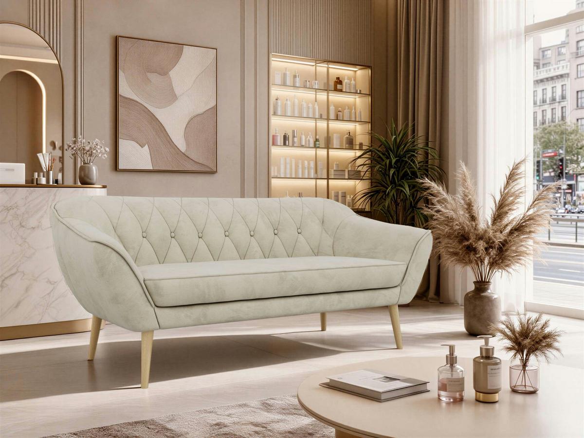 3-SITZER-SOFA PIRS - Beige Velvet - Holzbeine - Beige/Buchefarben, Holzwerkstoff/Textil (180/75/74cm) - MKS