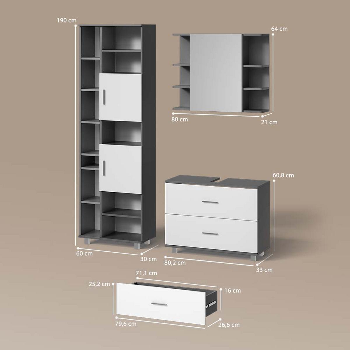 BADMÖBEL-SET Eisak Anthrazit 3 Teile, mit Hochschrank - Anthrazit, Holzwerkstoff (80/60/33cm) - Livinity®