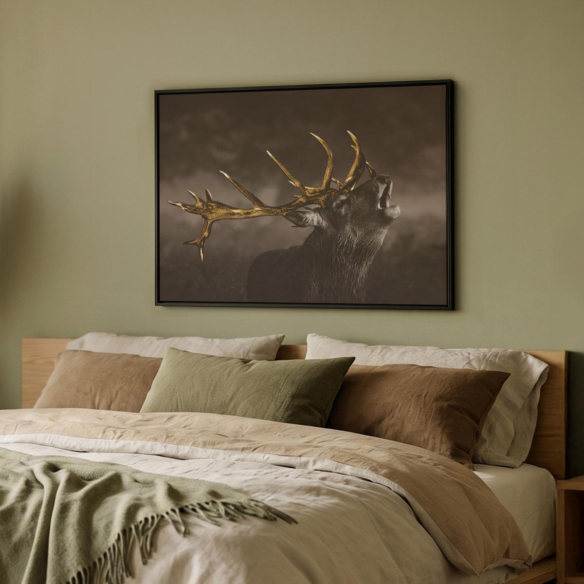 LEINWAND Bilder mit Rahmen - Rotwild - Schwarz - Gold - 80x60 - Braun, Textil (80/60cm) - MuchoWow