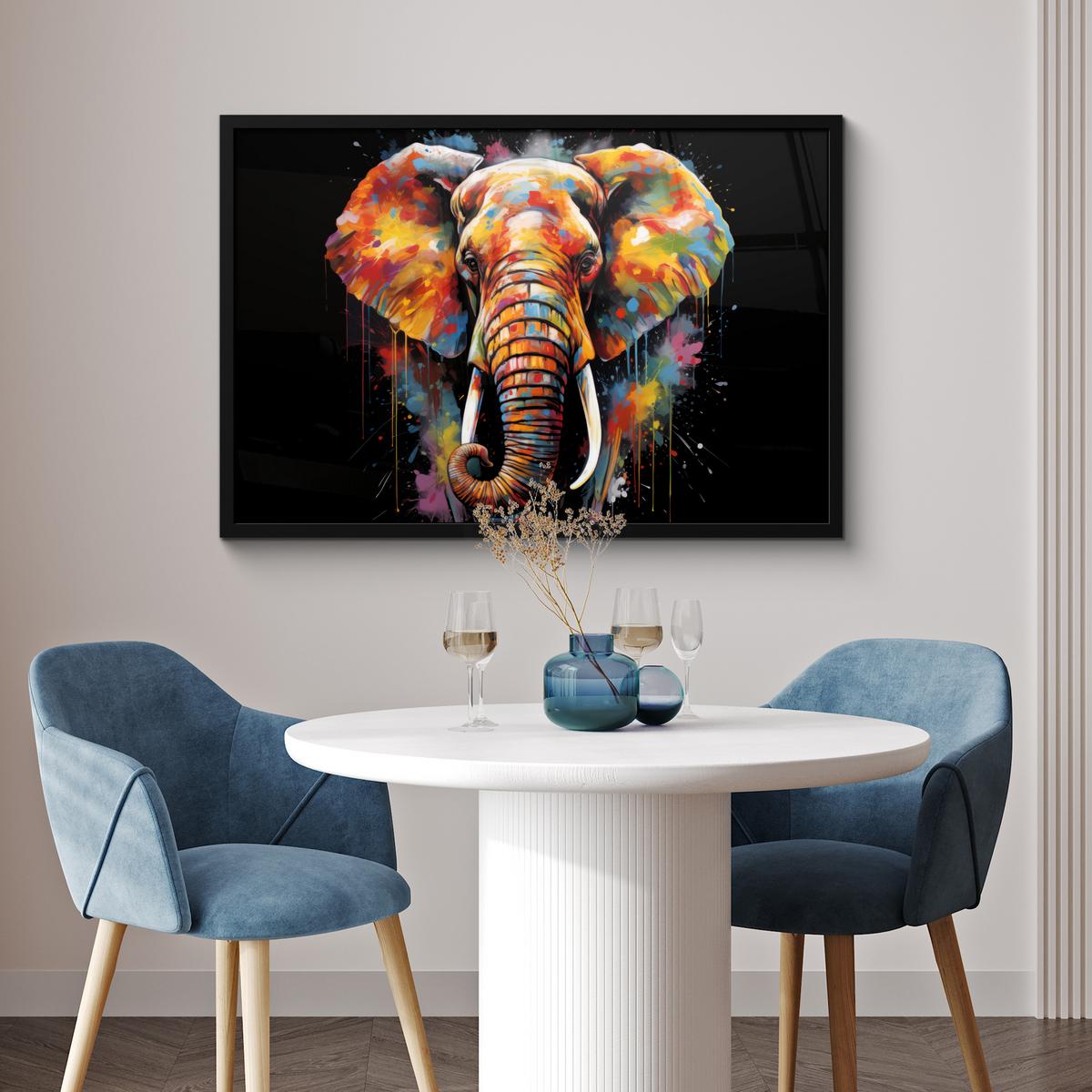POSTER MIT RAHMENGERAHMTES BILD Elefant - Graffiti - Schwarz - Tiere - Farben 90x60 cm - Schwarz, Papier (90/60cm) - MuchoWow