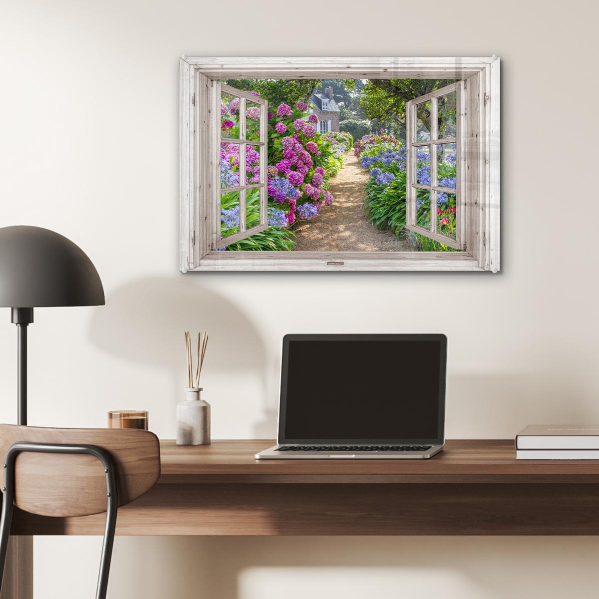 ACRYLGLASBILD Hortensie - Durchsichtig - Blumen - Sommer - Lila - Weg Wanddeko 60x40 cm - Lila, Glas (60/40cm) - MuchoWow