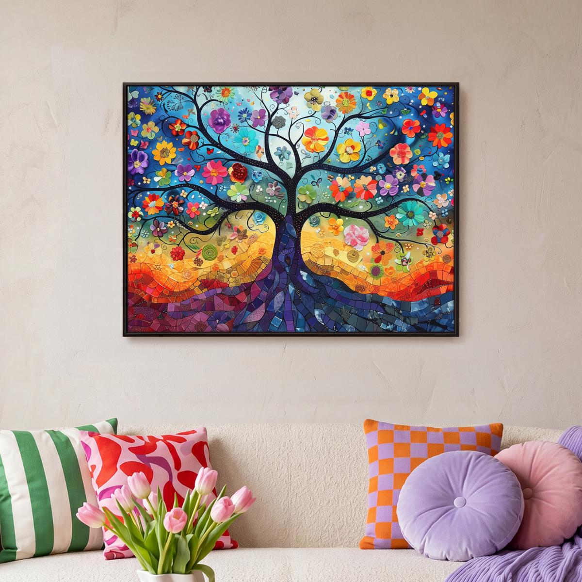 LEINWAND Bilder mit Rahmen - Kunst - Baum des Lebens - Blumen - Hippie - 70x50 - Dunkelblau, Textil (70/50cm) - MuchoWow