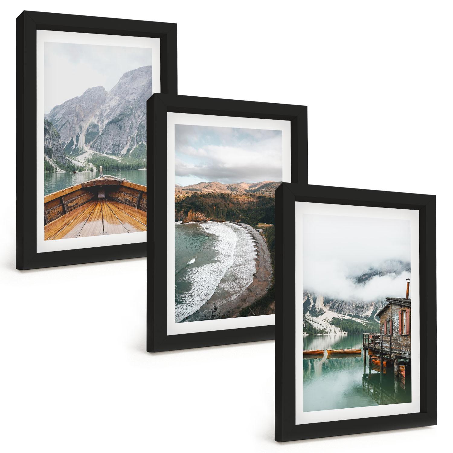 BILDER SET 3er Set - 20x30 cm Schwarzer Rahmen - Berge, See, Boot, Strand, Landschaft - Schwarz, Kunststoff (20/30cm) - TULUP