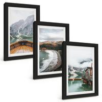 BILDER SET 3er Set - 20x30 cm Schwarzer Rahmen - Berge, See, Boot, Strand, Landschaft - Schwarz, Kunststoff (20/30cm) - TULUP