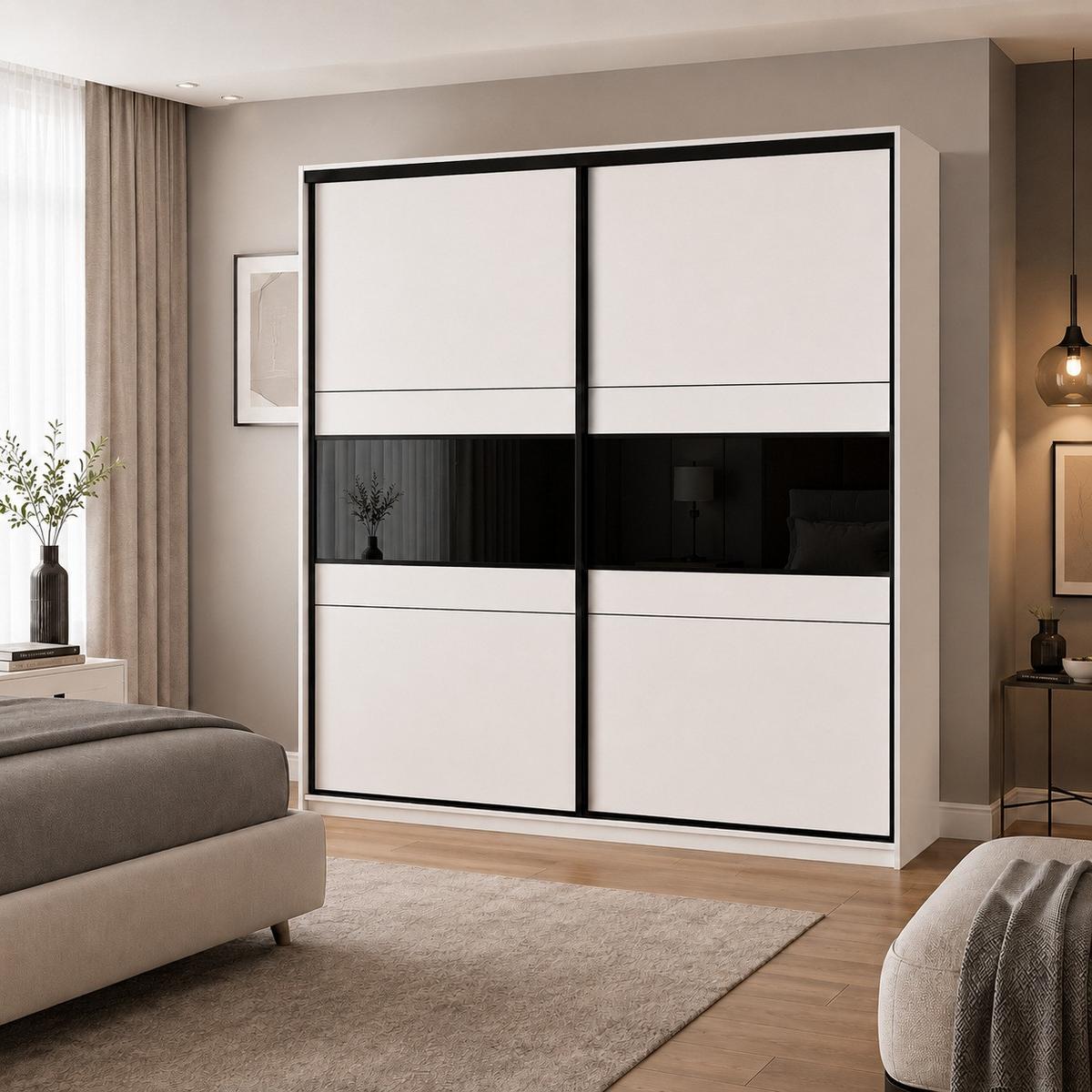 SCHWEBETÜRENSCHRANK Monroe mit 2 Türen ohne Spiegel, 266 cm, Kaschmir+Schwarz Lacobel - Kaschmir/Schwarz, Holzwerkstoff (226/220/64cm) - Beautysofa