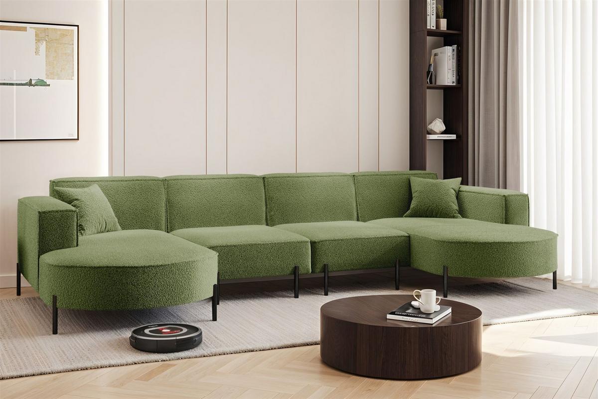 WOHNLANDSCHAFT Valencia Xl - Hellgrün, Holzwerkstoff/Textil (384/80/165cm) - Fun Möbel