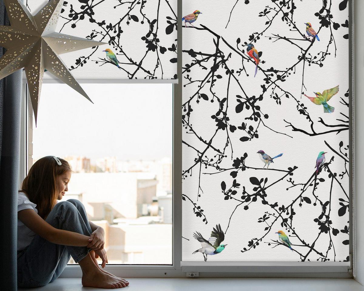INNENROLLO - Fensterrollo - Rollo - 140x140 cm - Vögel auf den Ästen - Schwarz, Kunststoff (140/140/0.5cm) - TULUP