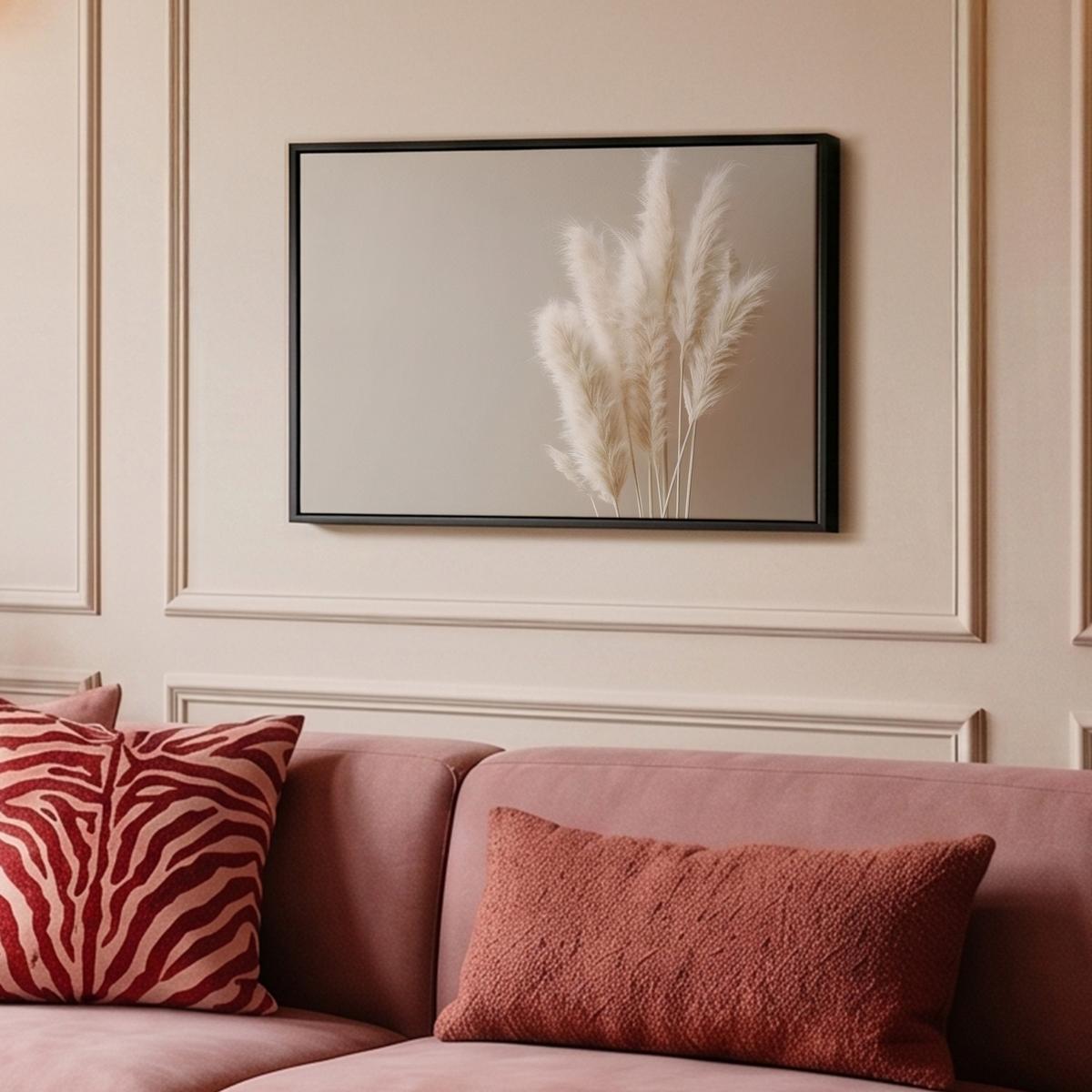 LEINWAND Bilder mit Rahmen - Pampasgras - Federn - Pastell - Weiß - 60x40 - Naturfarben, Textil (60/40cm) - MuchoWow