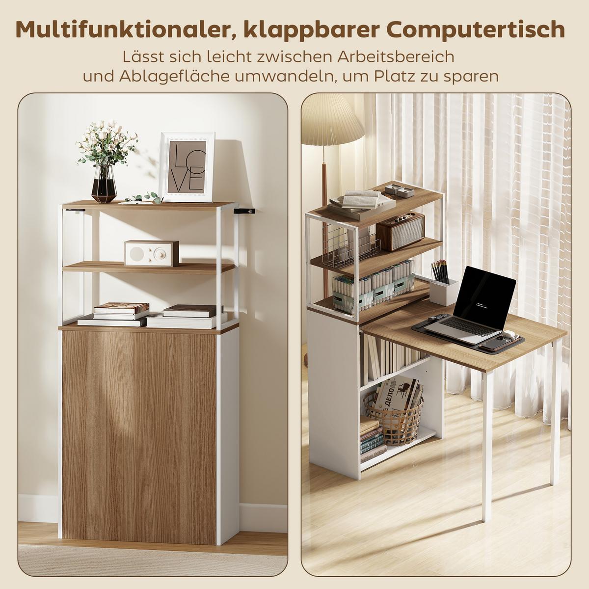 SCHREIBTISCH klappbar mit Regal Naturholz 105 x 60 x 127 cm - Naturfarben/Weiß, Holzwerkstoff/Metall (105/60/127cm) - HOMCOM