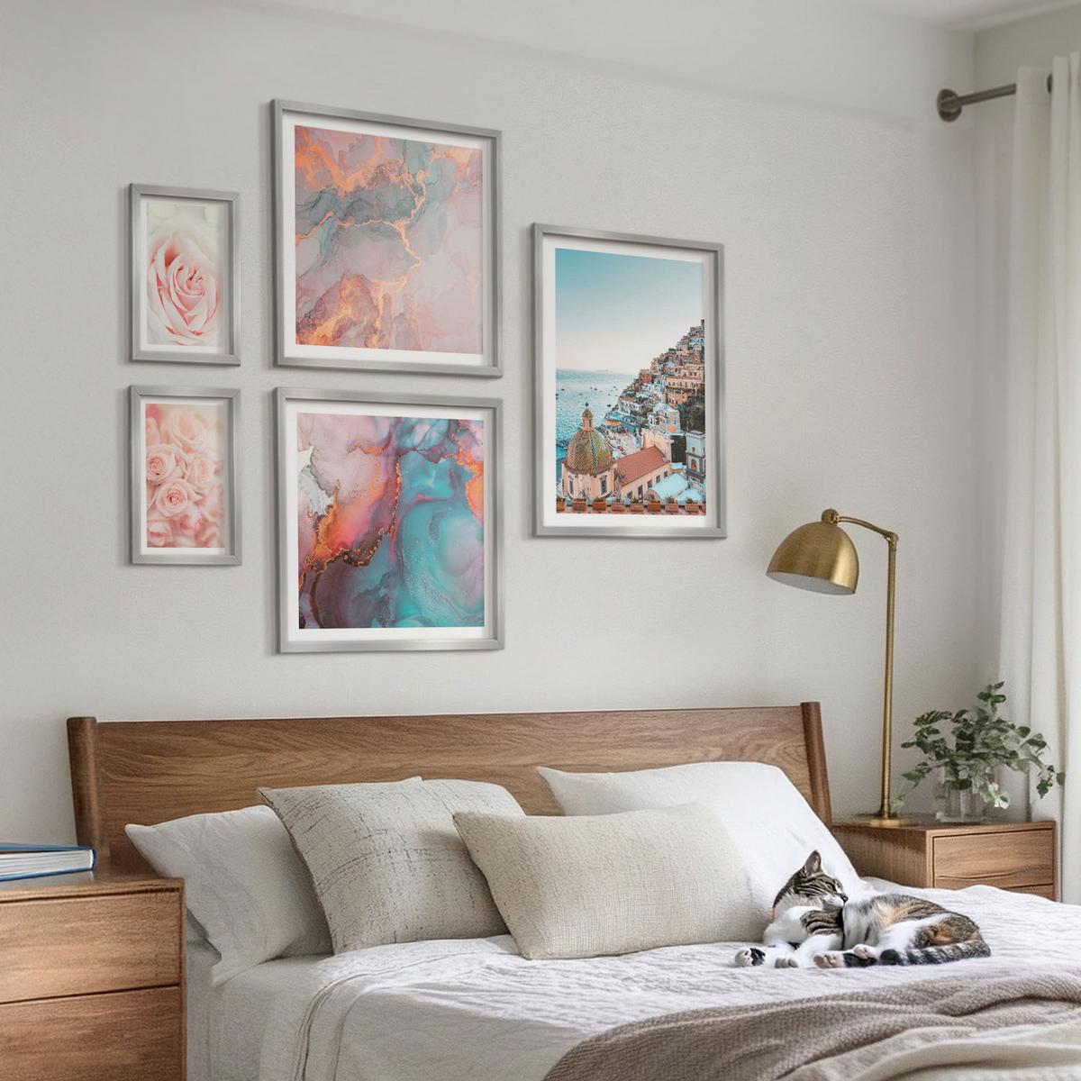 BILDER SET 5er Set - 50x50 cm & 20x30 cm & 40x60 cm Silberner Rahmen - Abstrakte Pastellmuster - Silberfarben, Kunststoff (40/60cm) - TULUP