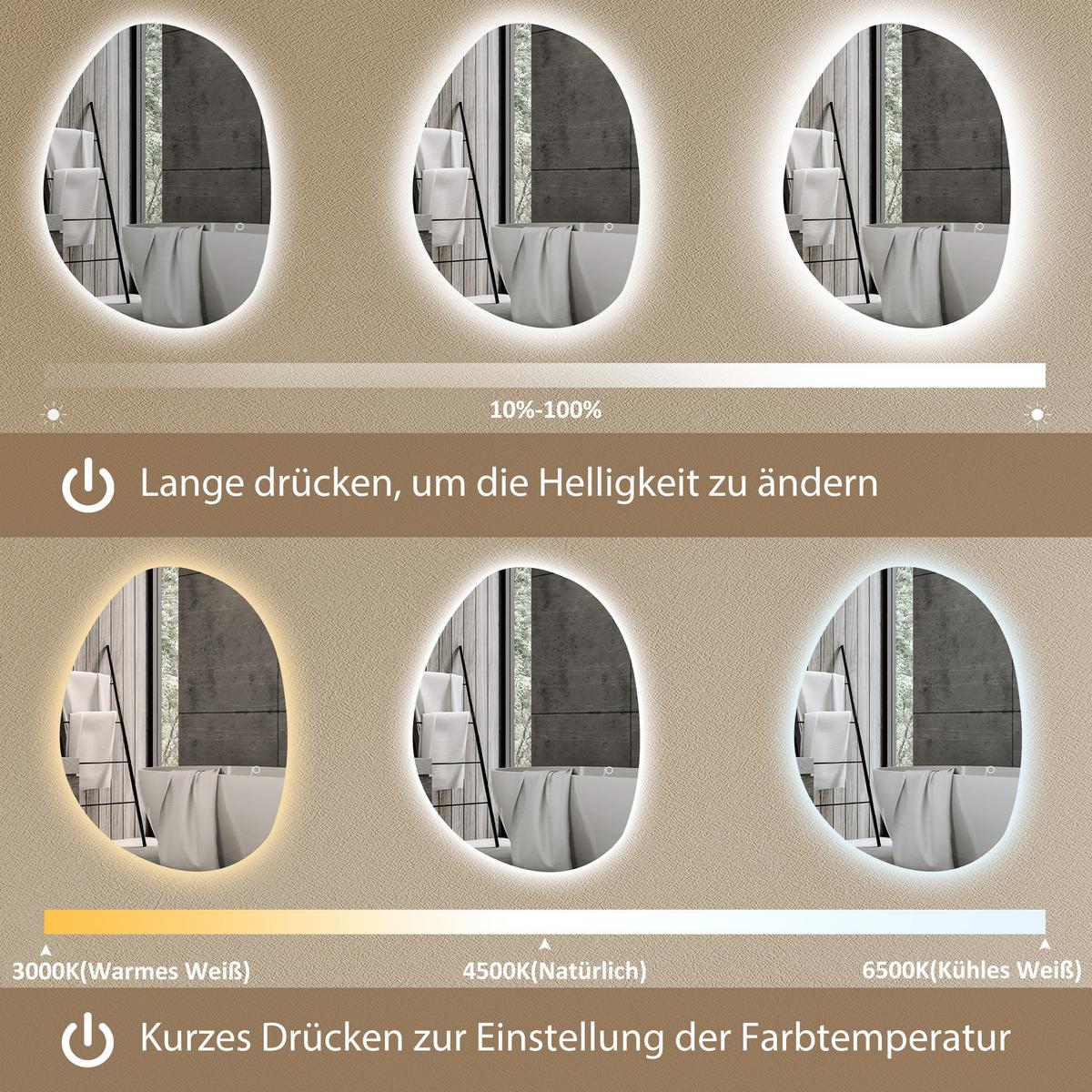 70 x 50 cm Asymmetrischer Badspiegel mit LED-Licht, Anti-Beschlag-Funktion - Silberfarben, Glas (50/70/5cm) - HOMCOM